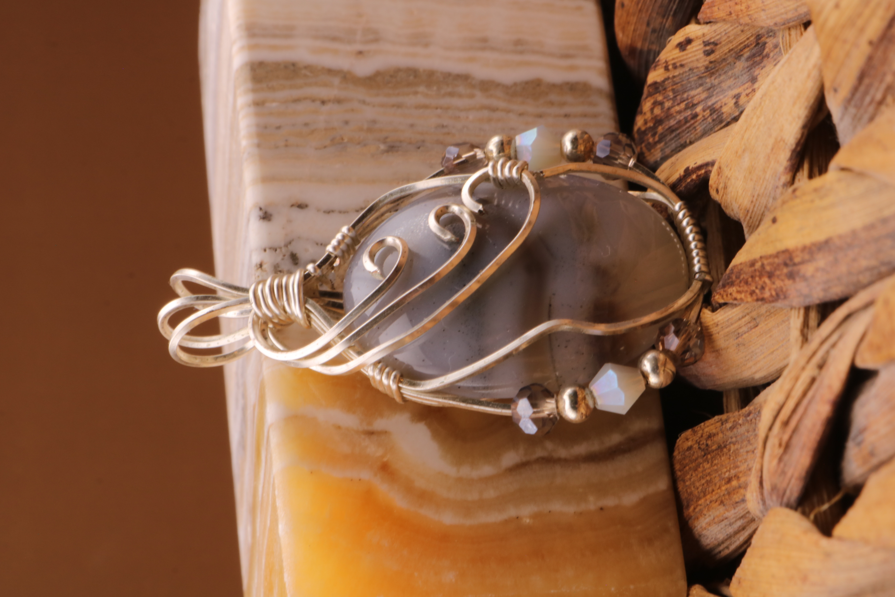 Silver Wire Wrapped Banded Agate Crystal Necklace Pendant