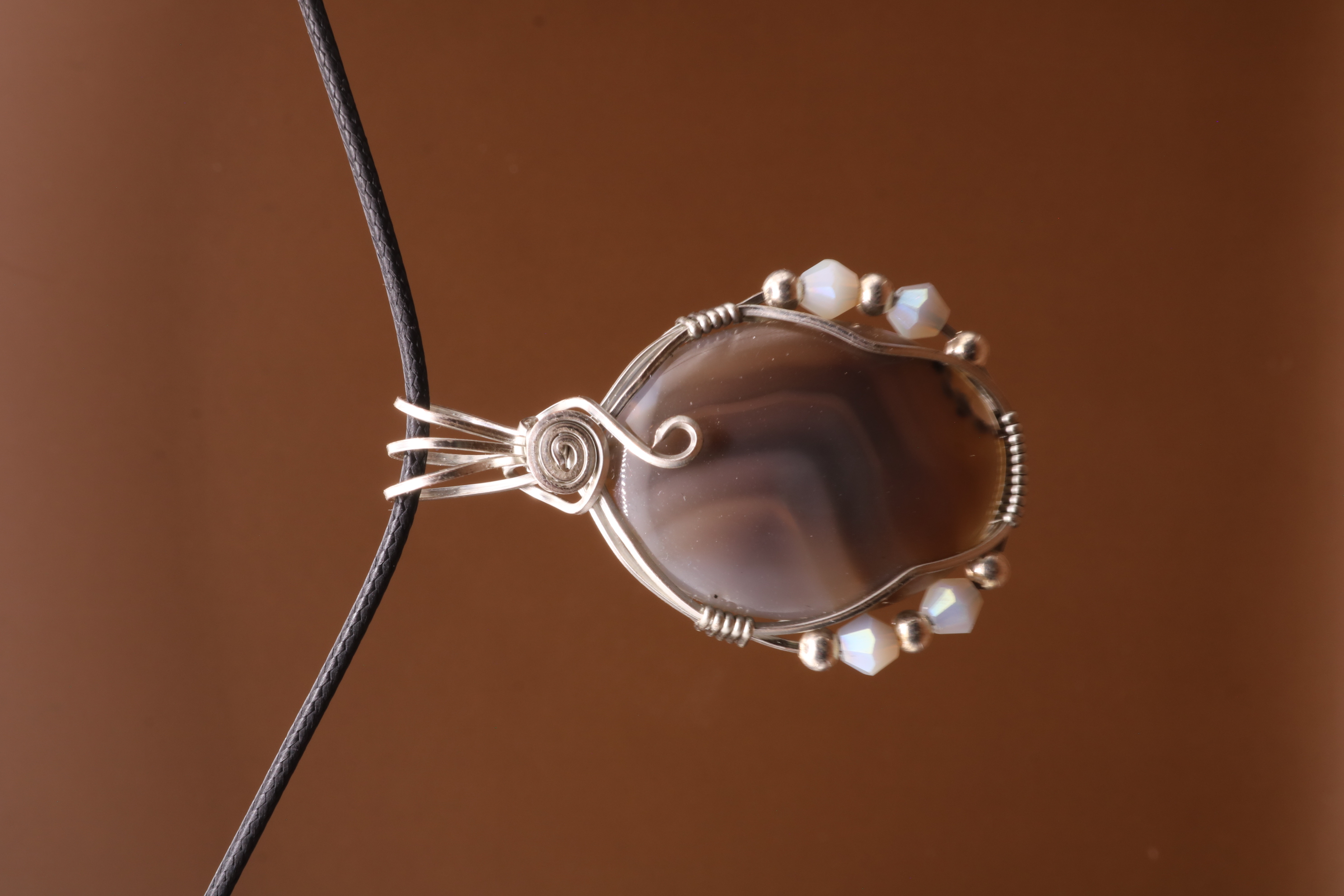 Silver Wire Wrapped Banded Agate Crystal Necklace Pendant