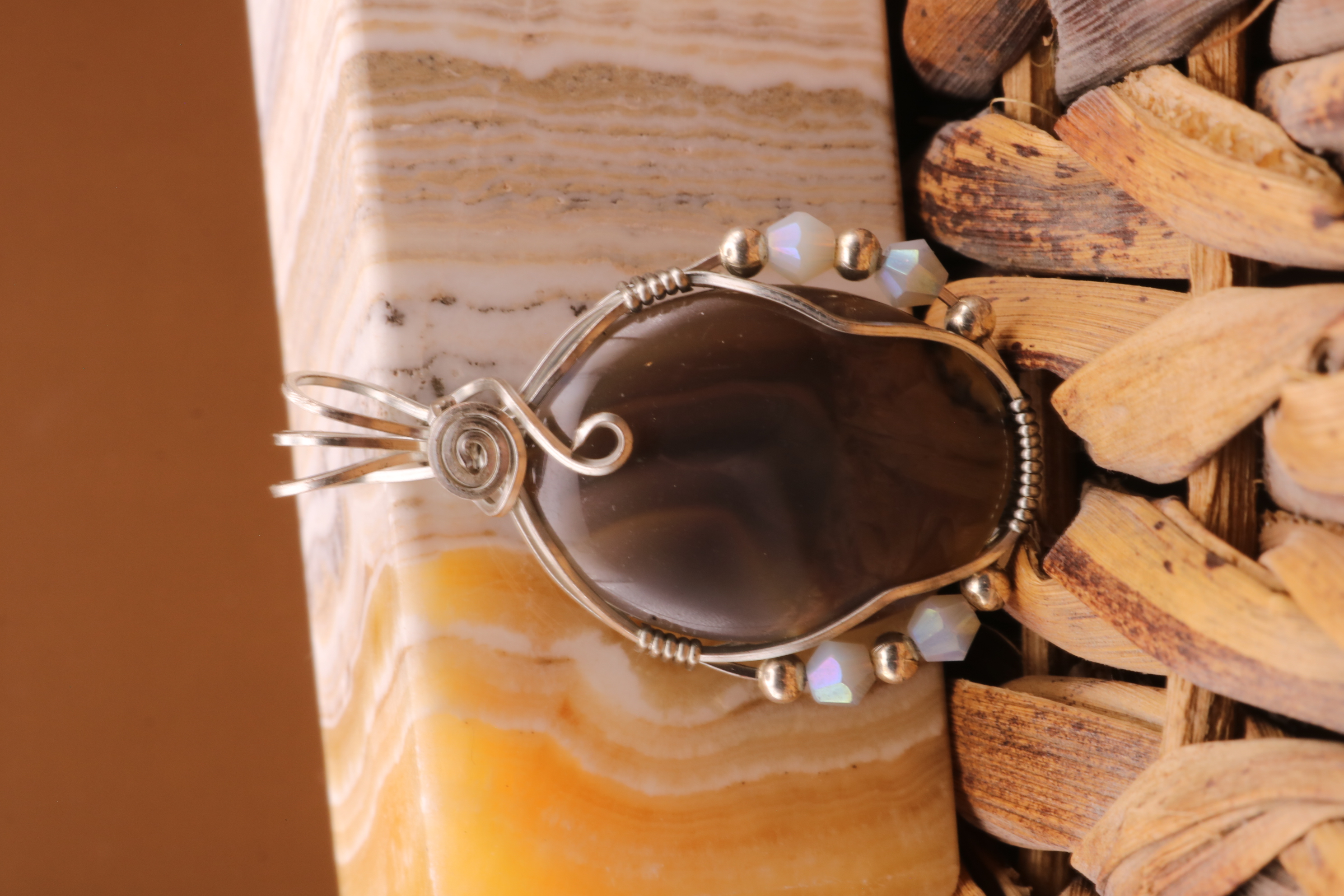 Silver Wire Wrapped Banded Agate Crystal Necklace Pendant