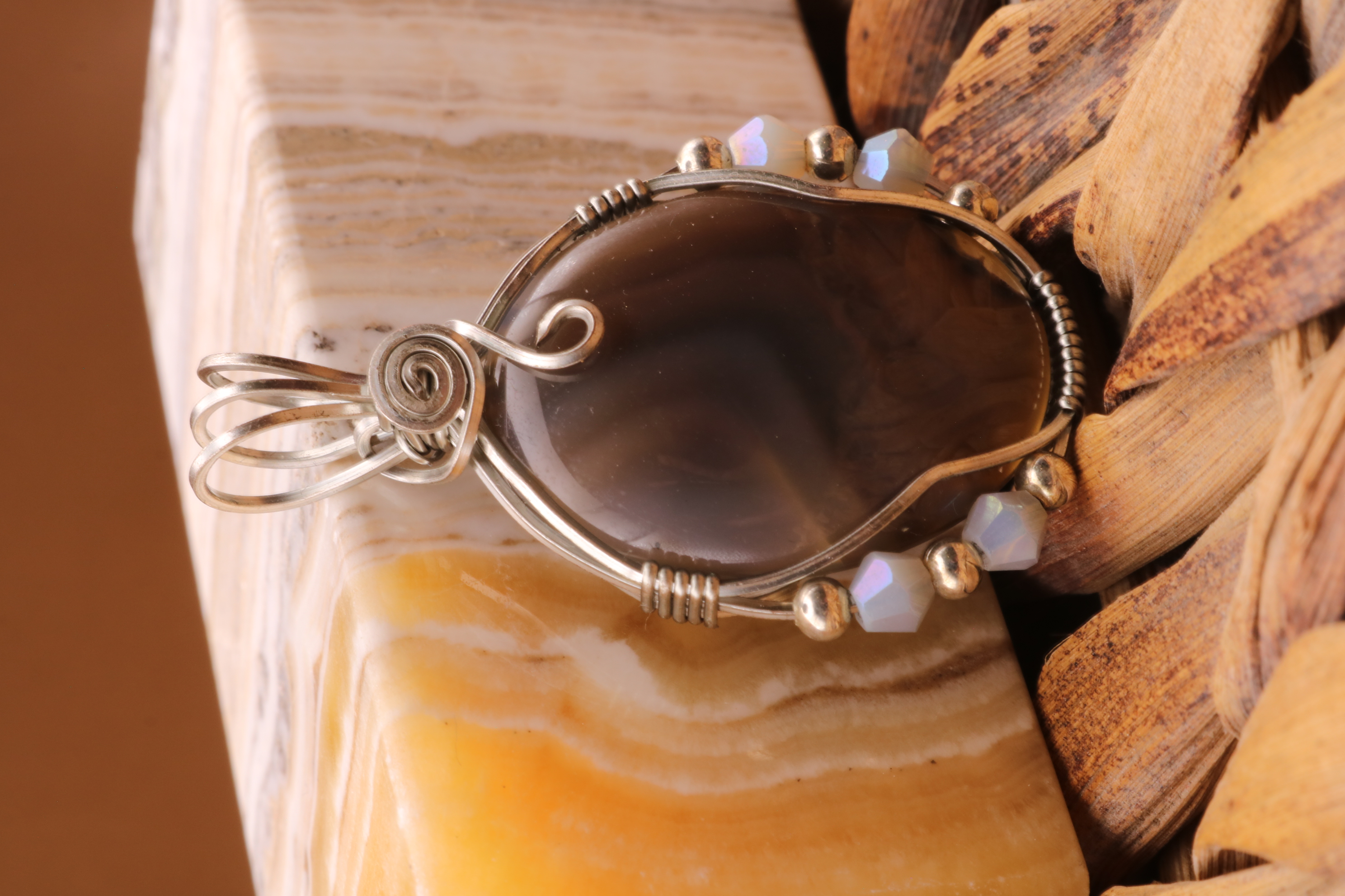 Silver Wire Wrapped Banded Agate Crystal Necklace Pendant