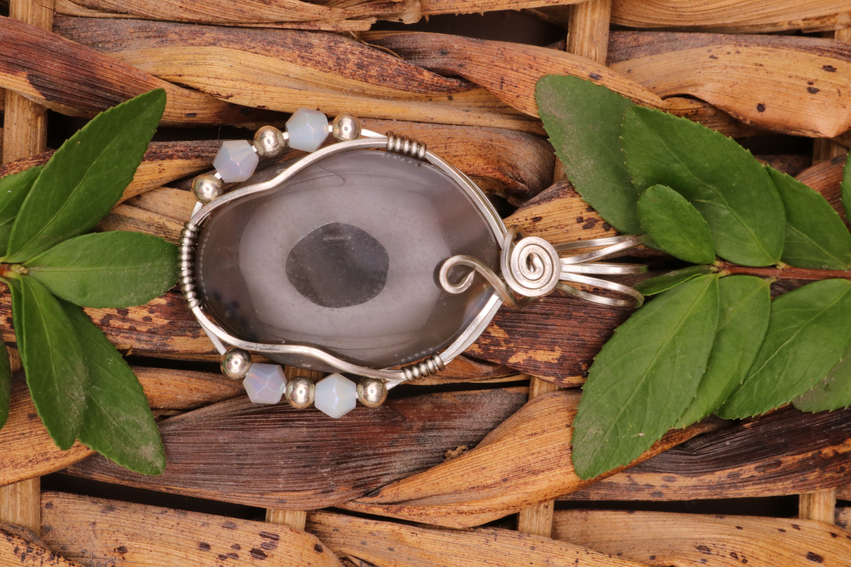 Silver Wire Wrapped Banded Agate Crystal Necklace Pendant