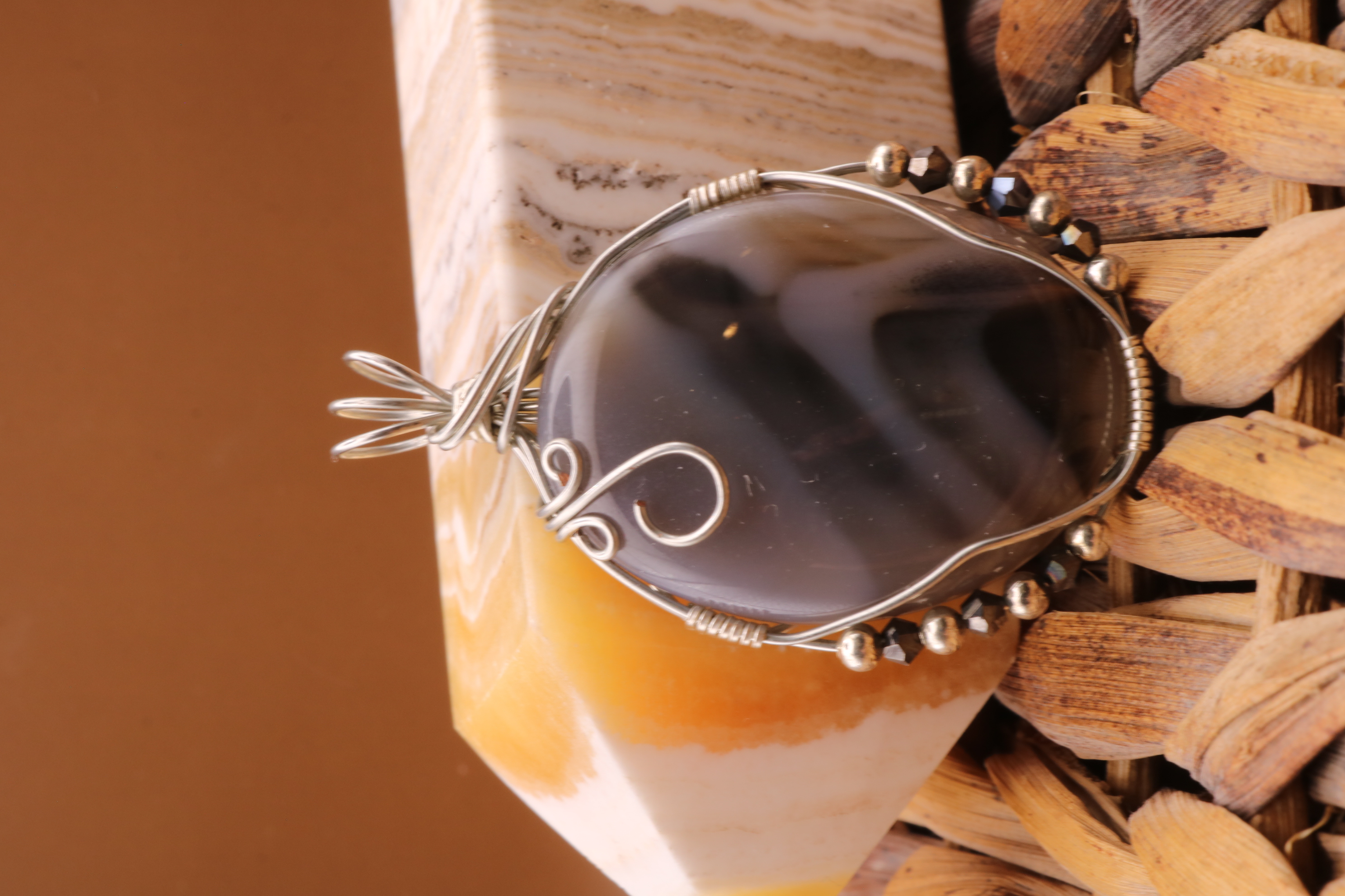 Silver Wire Wrapped Banded Agate Crystal Necklace Pendant