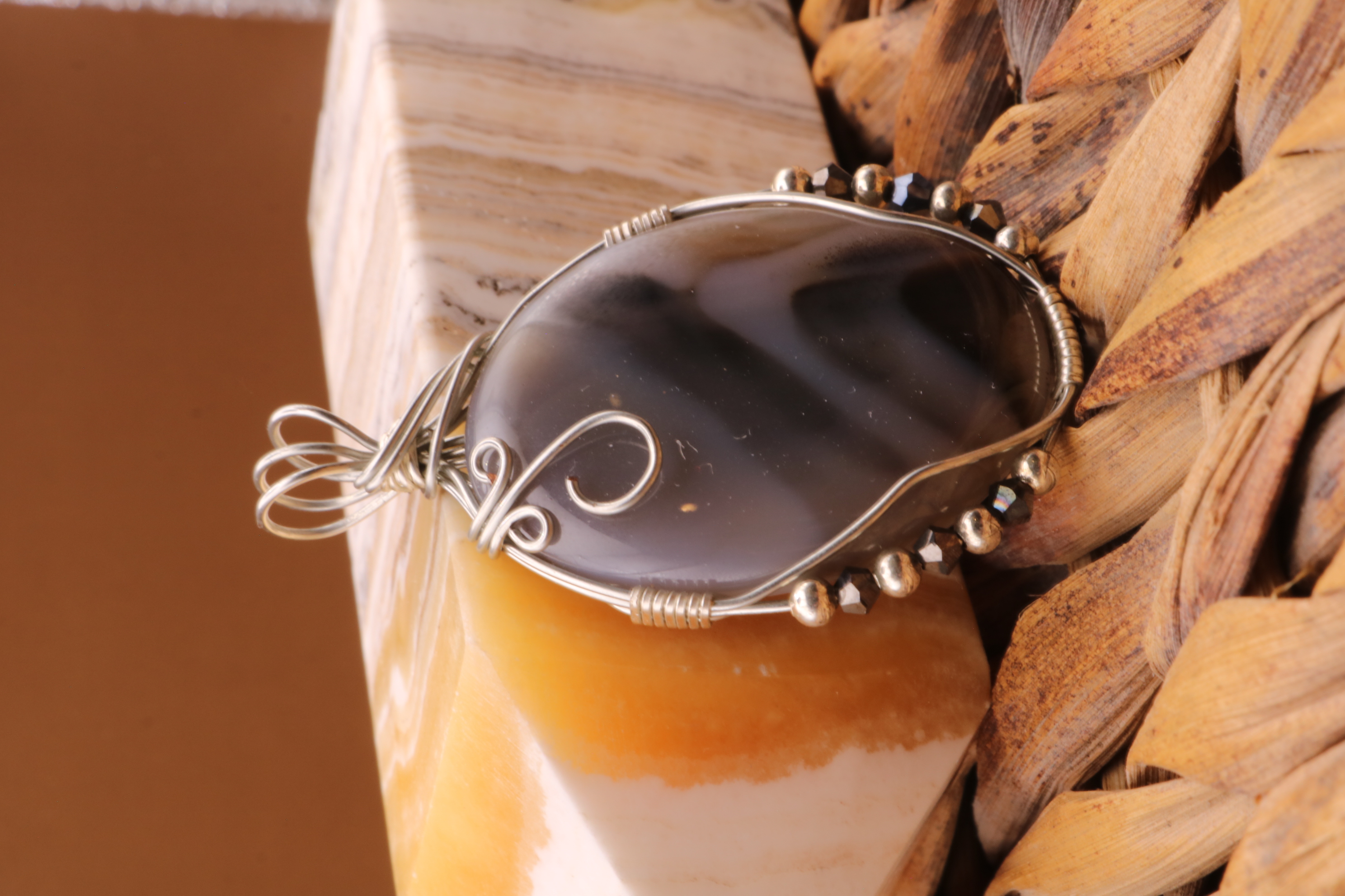 Silver Wire Wrapped Banded Agate Crystal Necklace Pendant