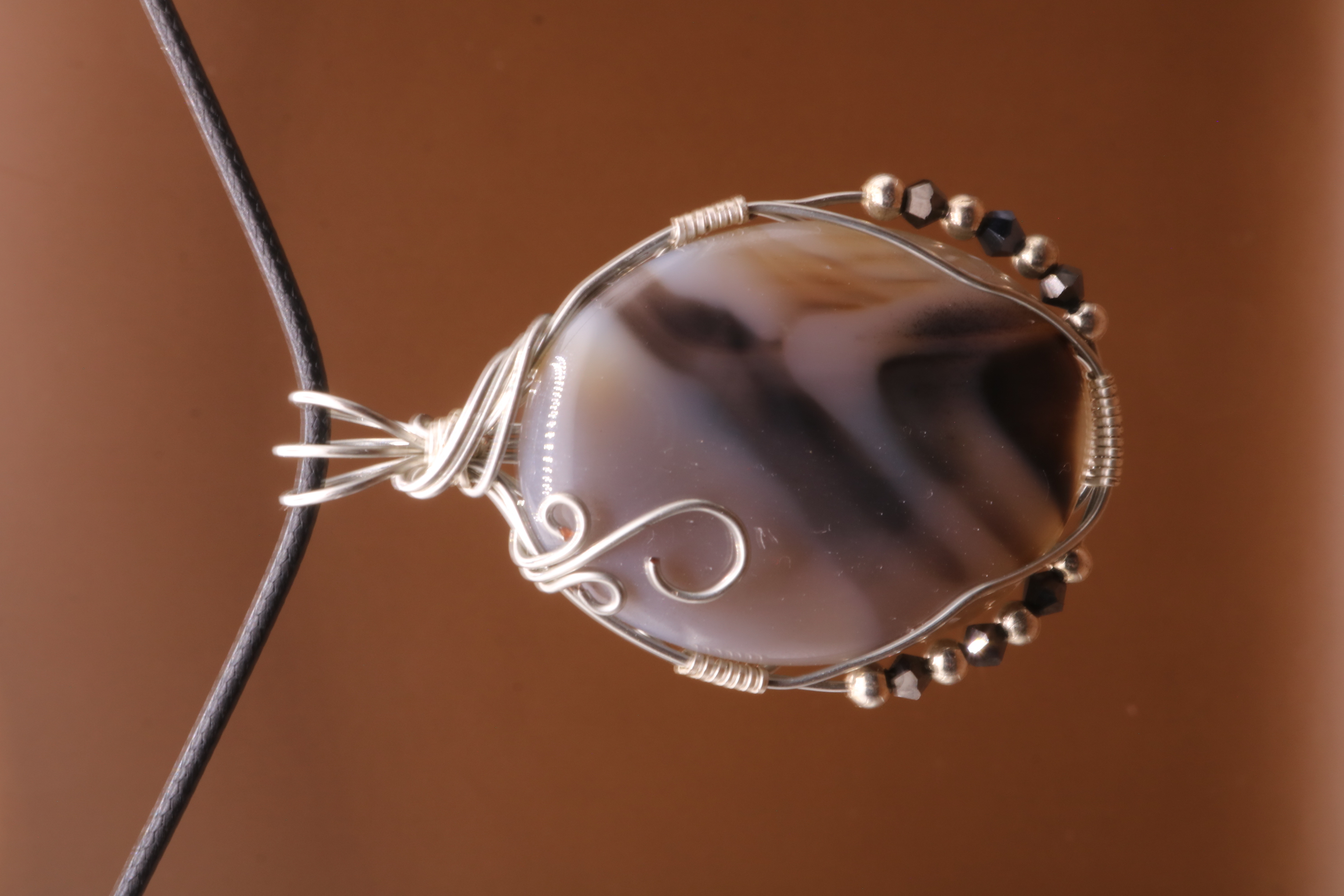 Silver Wire Wrapped Banded Agate Crystal Necklace Pendant