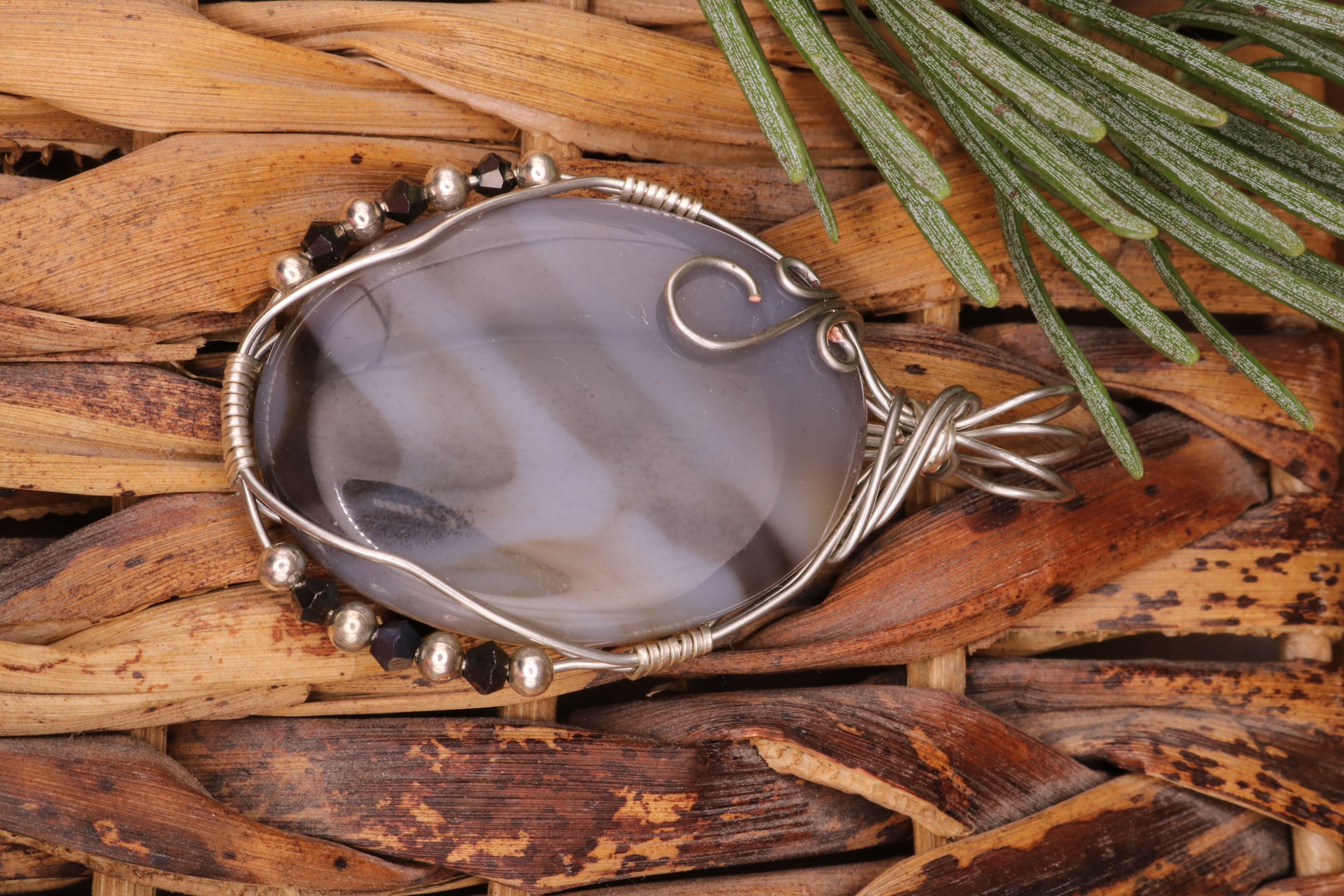 Silver Wire Wrapped Banded Agate Crystal Necklace Pendant