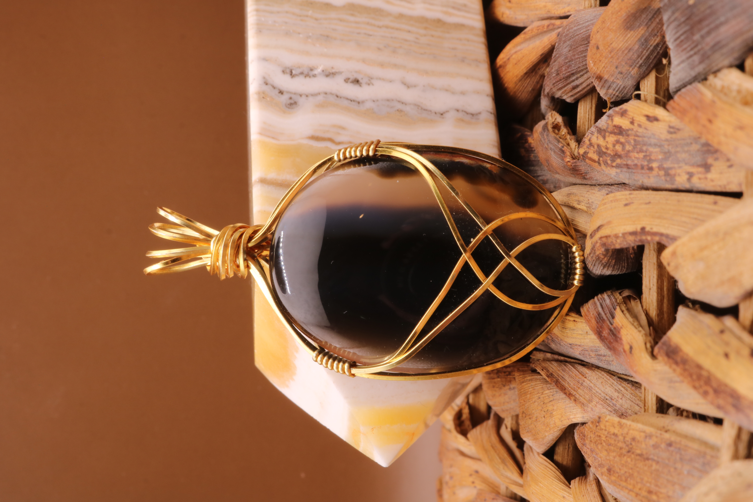 Gold Wire Wrapped Banded Agate Crystal Necklace Pendant