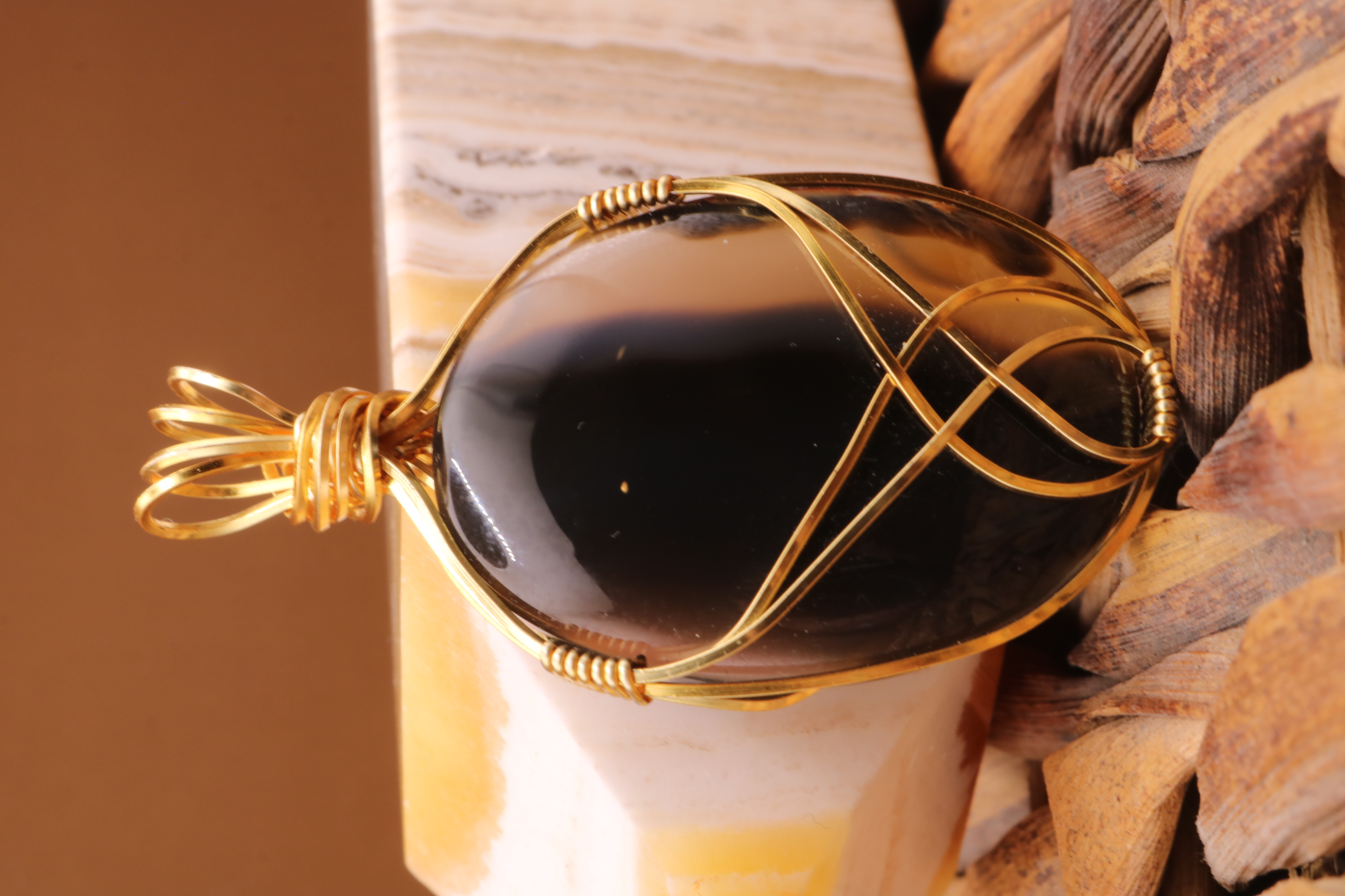 Gold Wire Wrapped Banded Agate Crystal Necklace Pendant