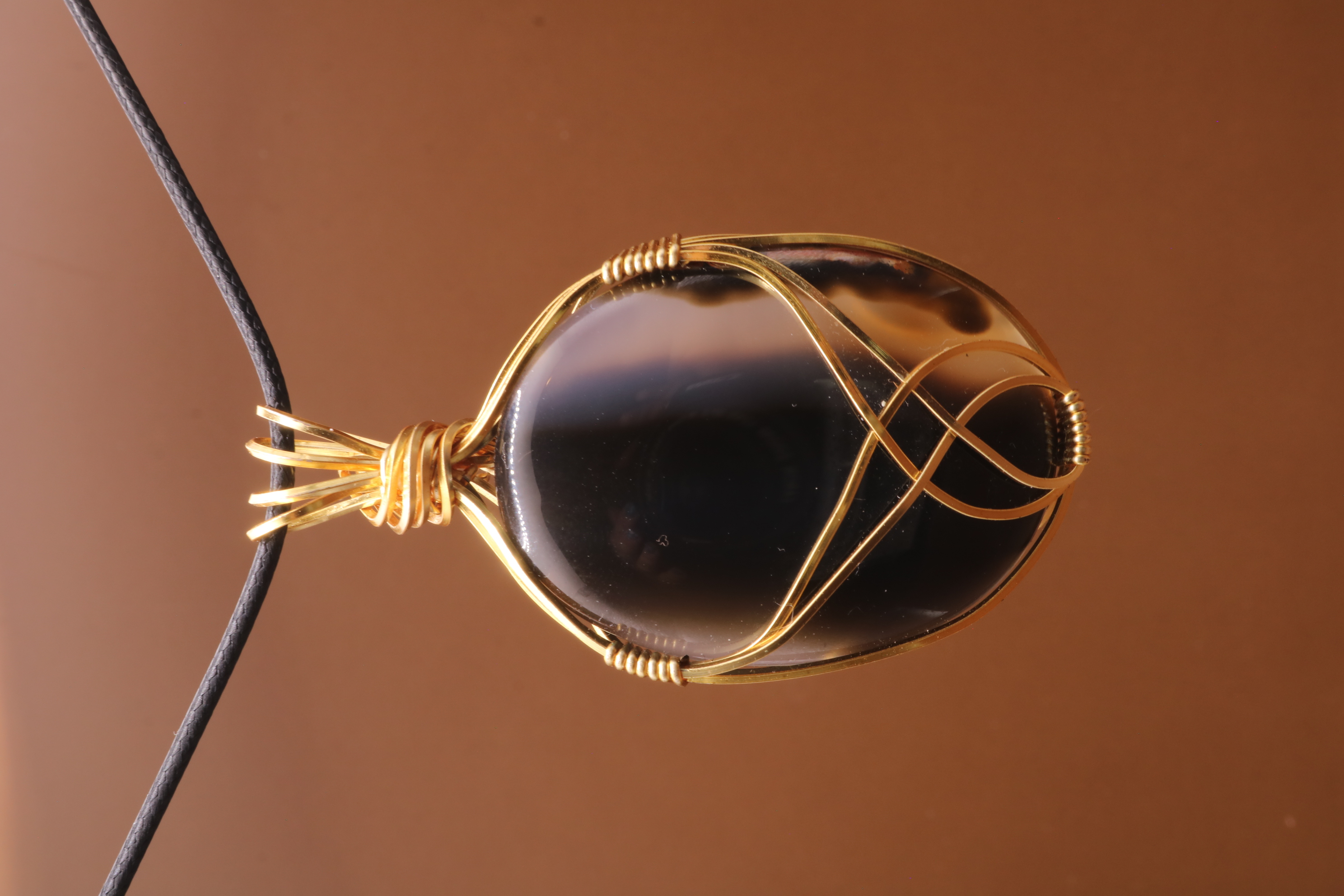 Gold Wire Wrapped Banded Agate Crystal Necklace Pendant