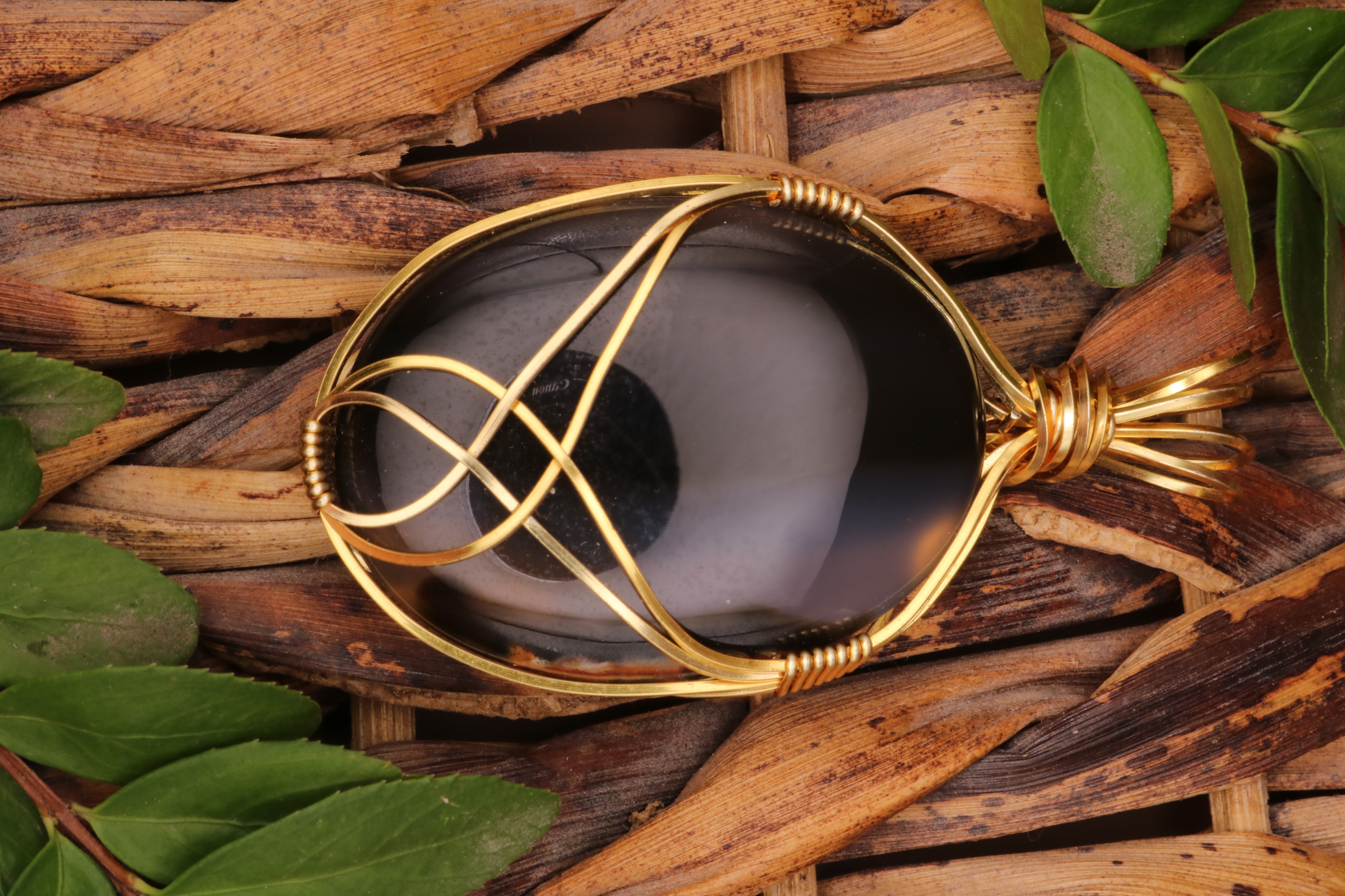 Gold Wire Wrapped Banded Agate Crystal Necklace Pendant