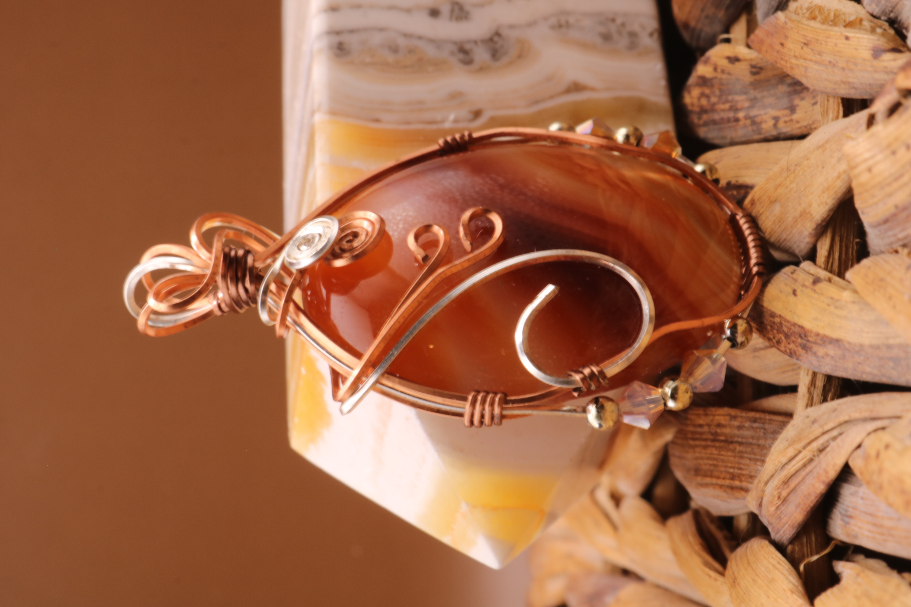 Copper and Silver Wire Wrapped Banded Carnelian Crystal Necklace Pendant