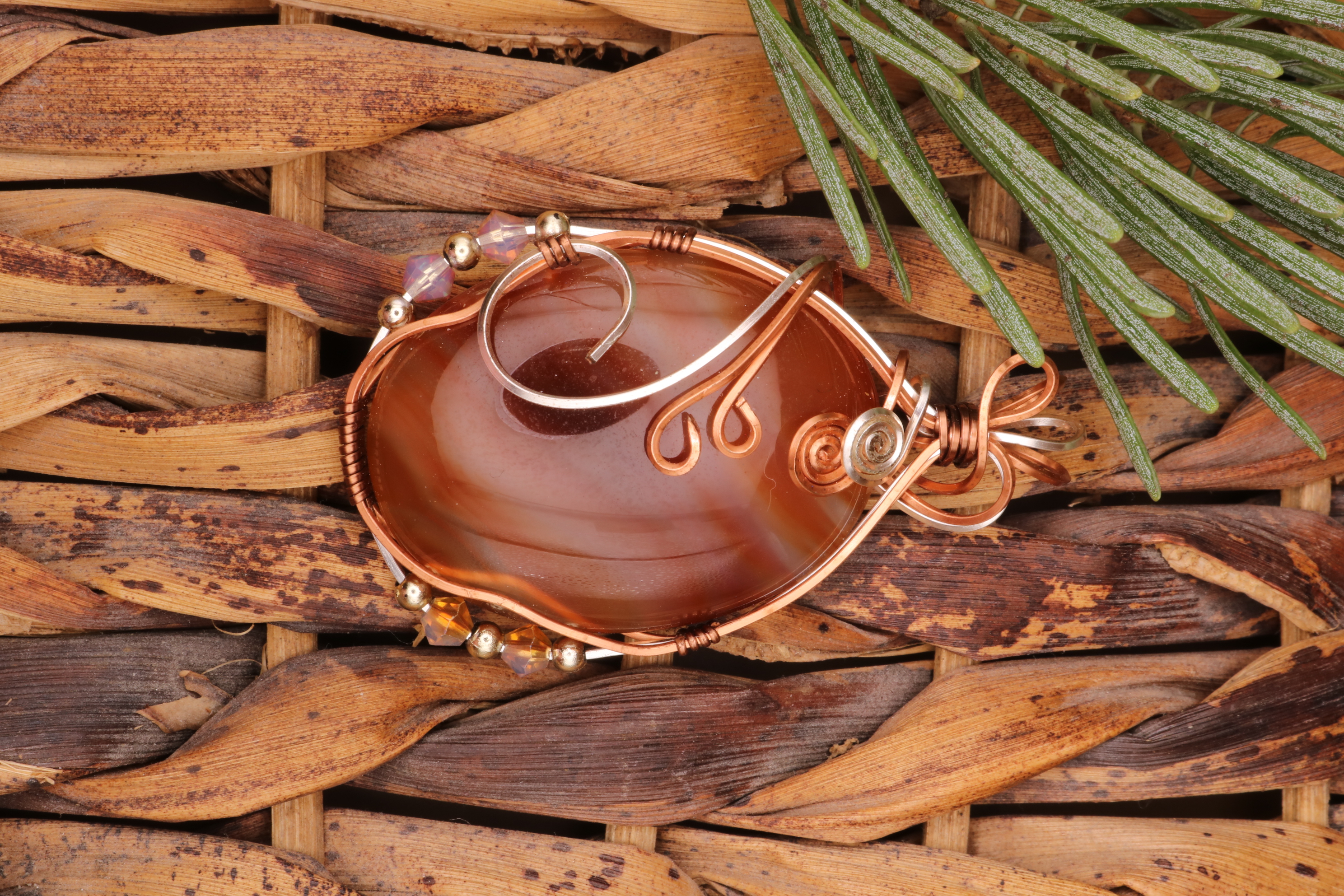 Copper and Silver Wire Wrapped Banded Carnelian Crystal Necklace Pendant