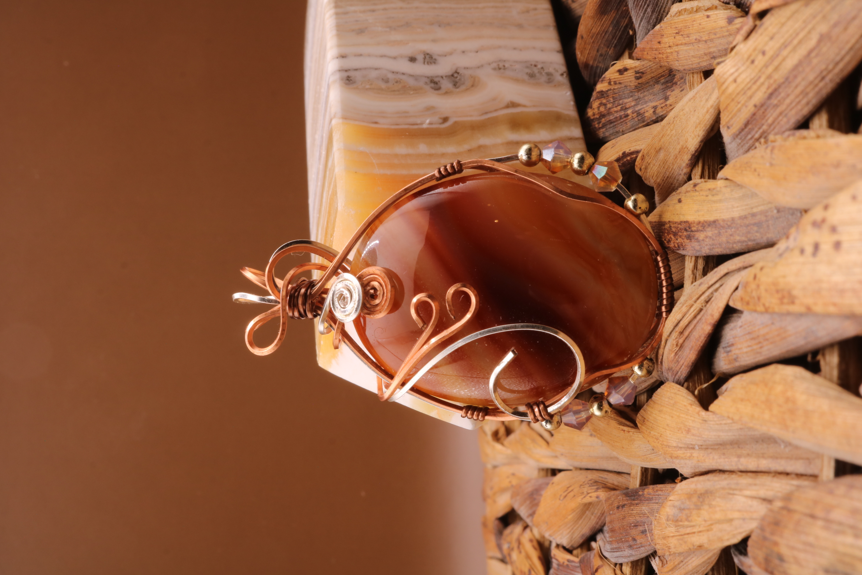 Copper and Silver Wire Wrapped Banded Carnelian Crystal Necklace Pendant