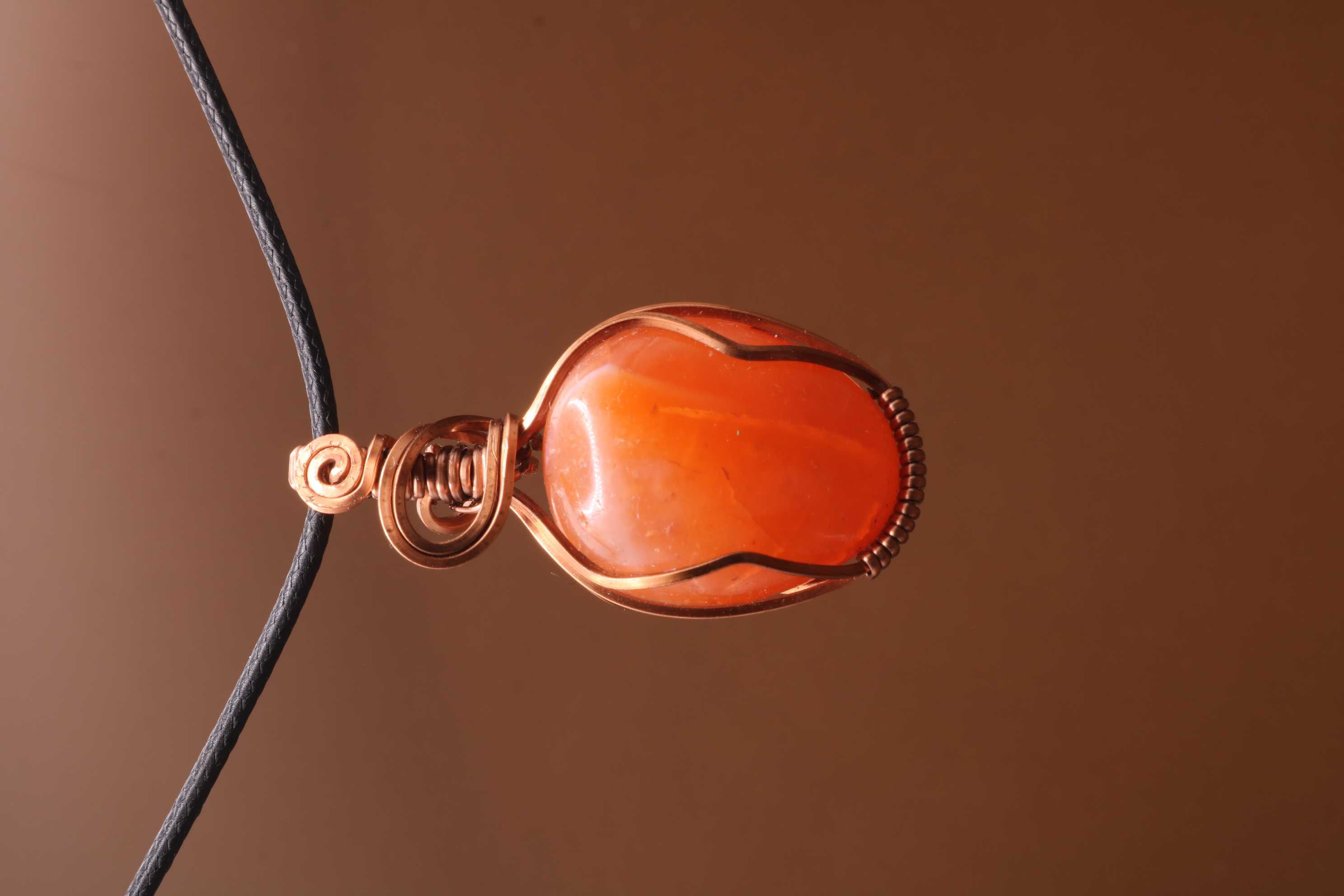 Bronze Wire Wrapped Carnelian Crystal Necklace Pendant