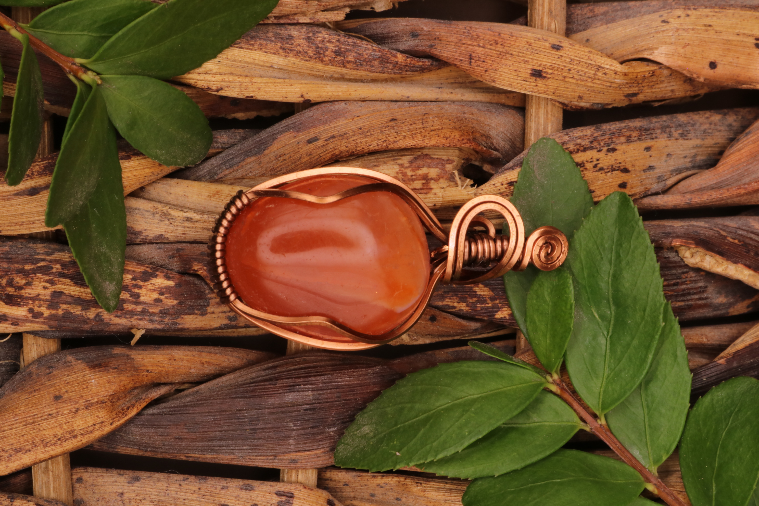 Bronze Wire Wrapped Carnelian Crystal Necklace Pendant