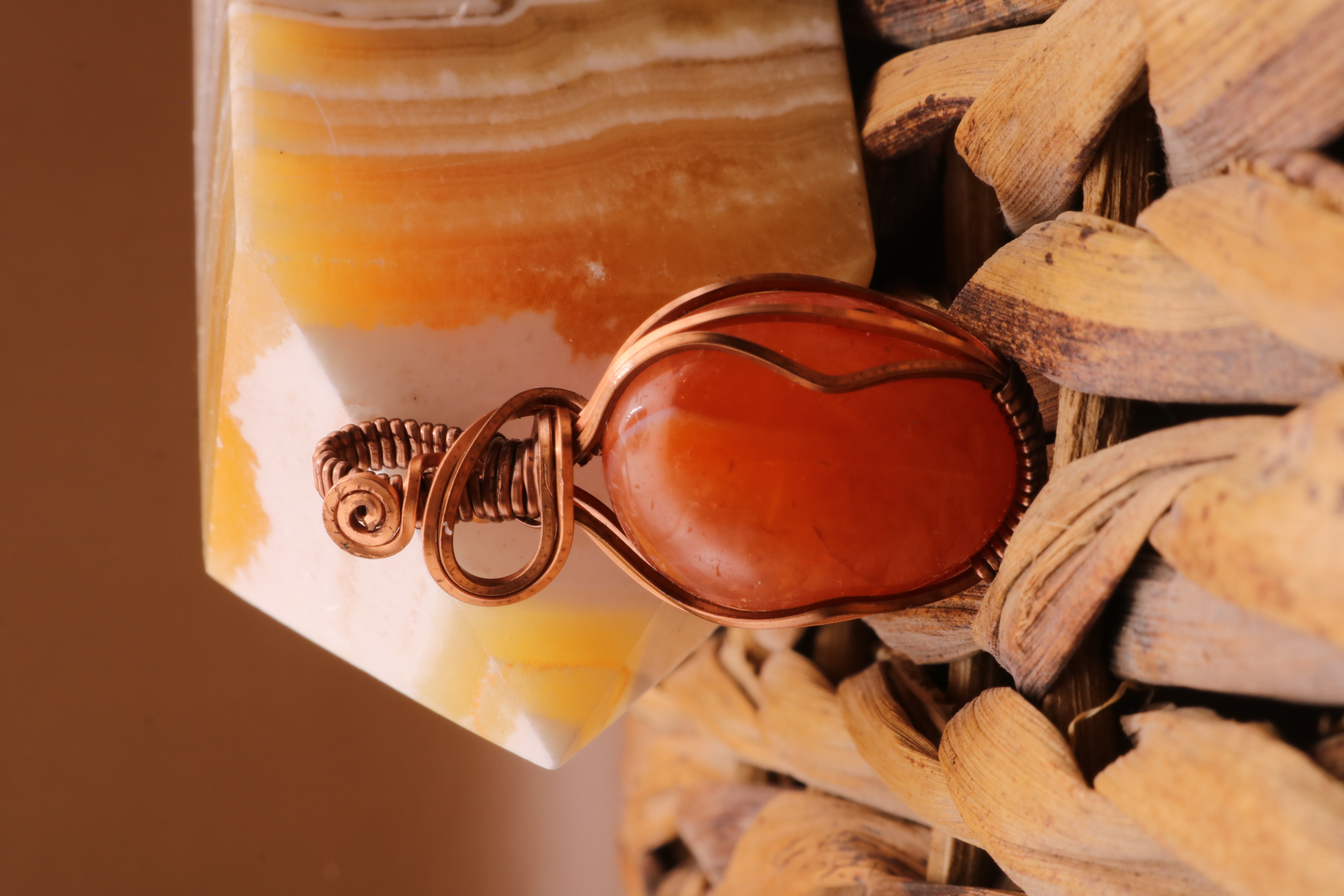 Bronze Wire Wrapped Carnelian Crystal Necklace Pendant