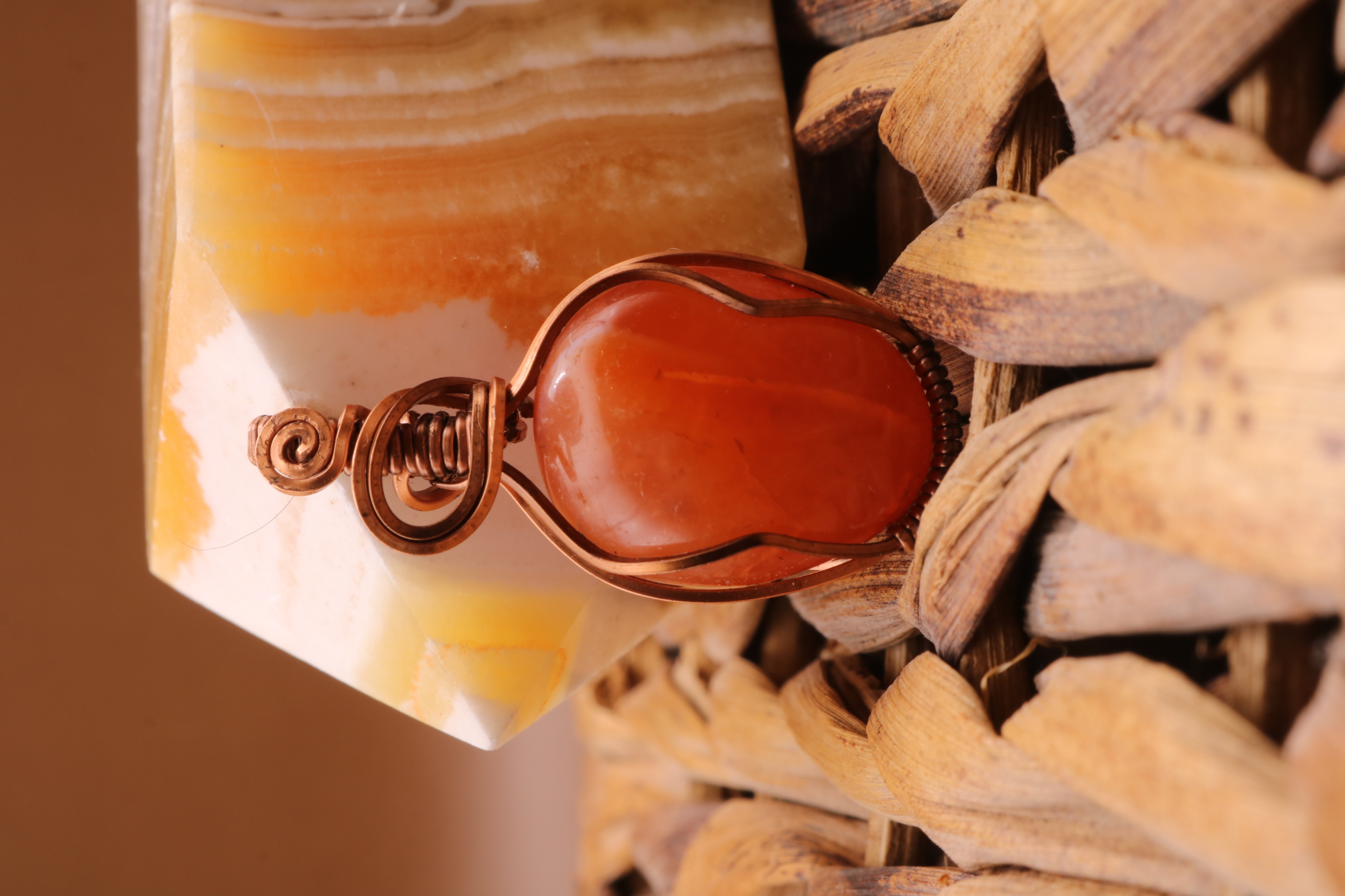 Bronze Wire Wrapped Carnelian Crystal Necklace Pendant