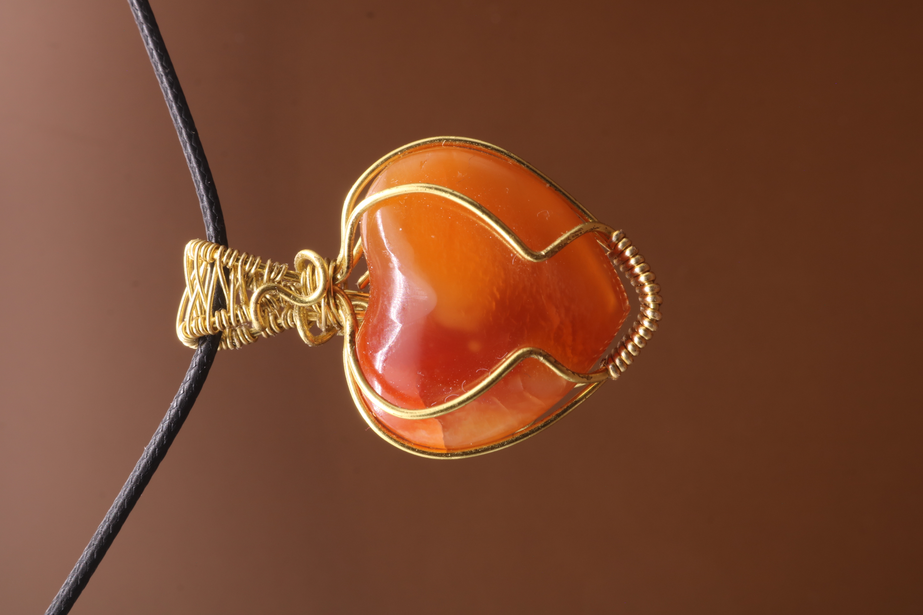 Gold Wire Wrapped Carnelian Crystal Heart Necklace Pendant
