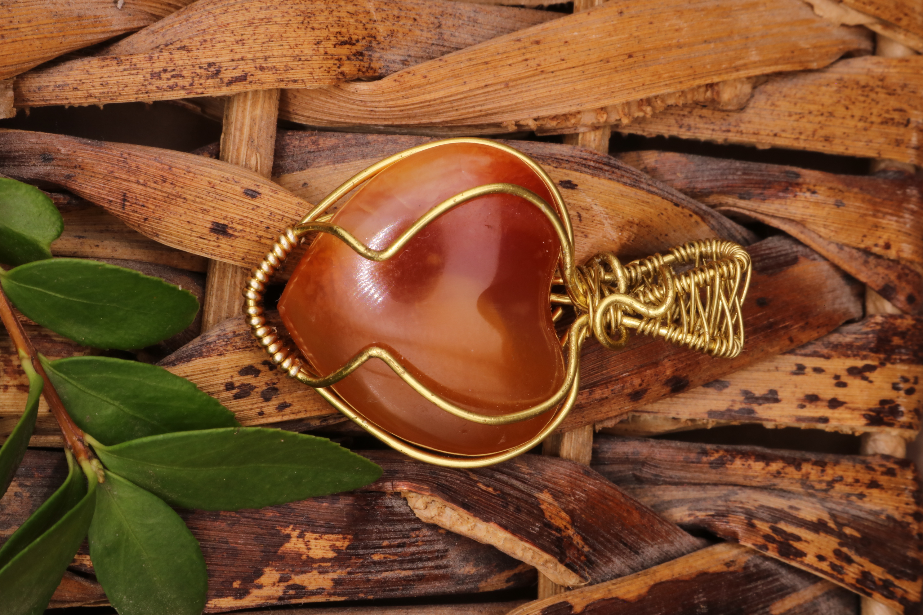 Gold Wire Wrapped Carnelian Crystal Heart Necklace Pendant