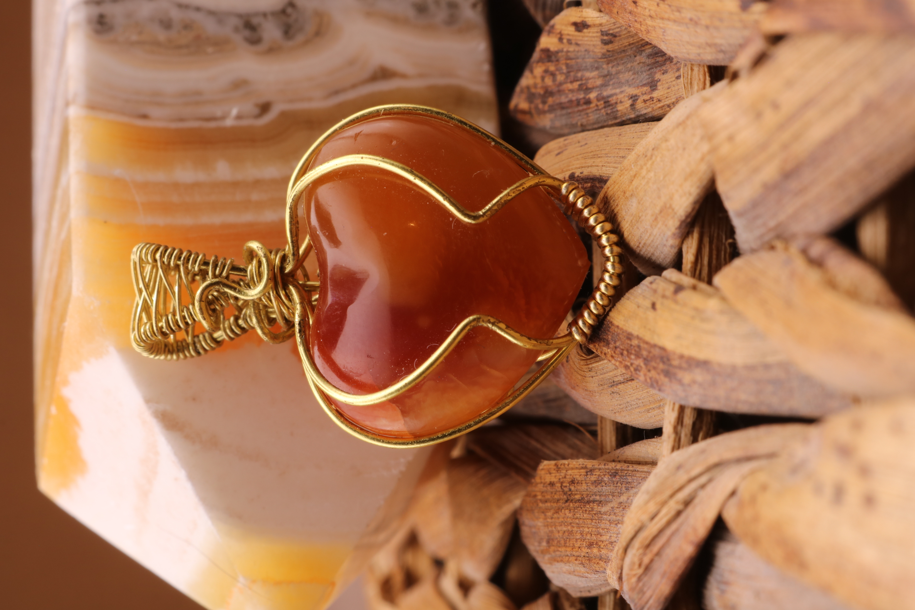 Gold Wire Wrapped Carnelian Crystal Heart Necklace Pendant