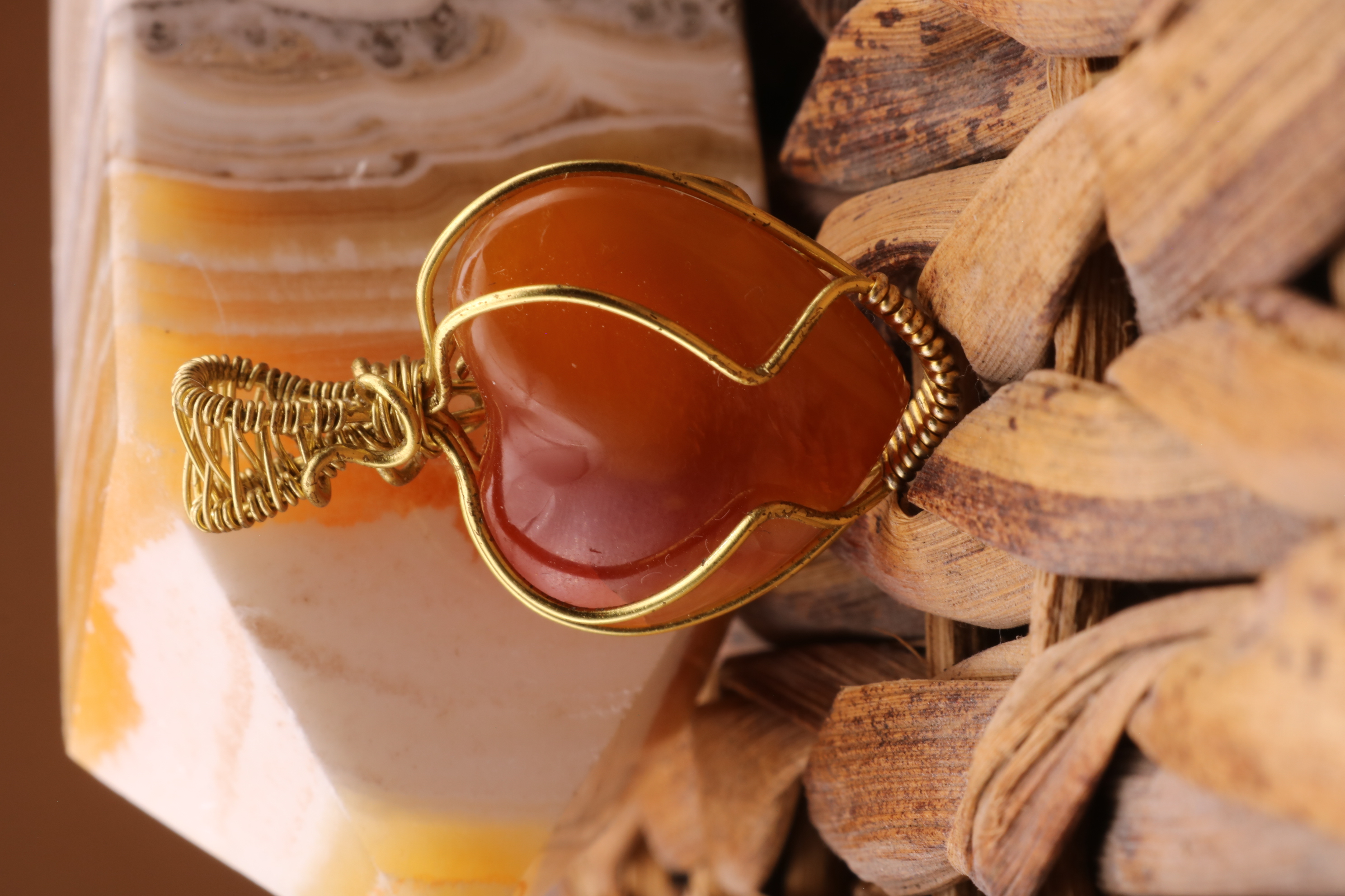 Gold Wire Wrapped Carnelian Crystal Heart Necklace Pendant