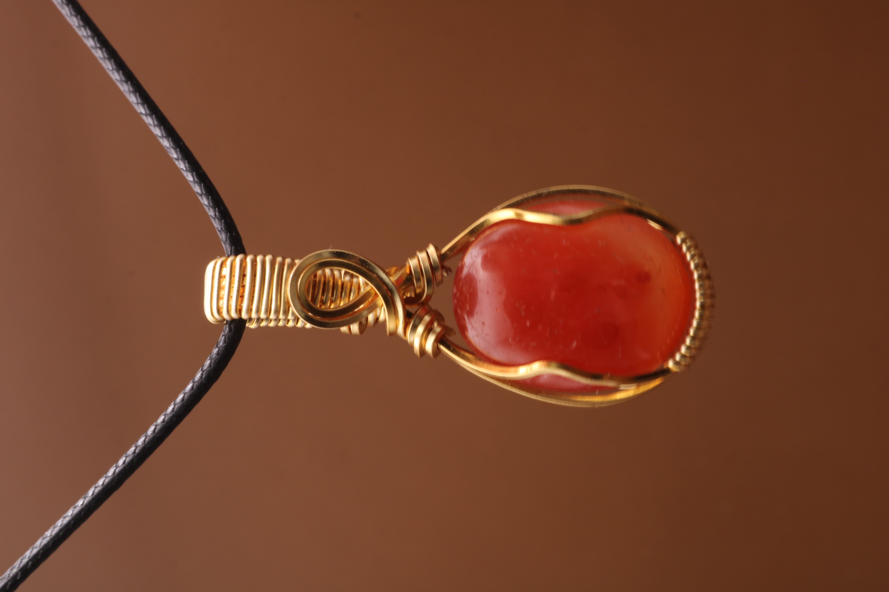 Gold Wire Wrapped Carnelian Crystal Necklace Pendant