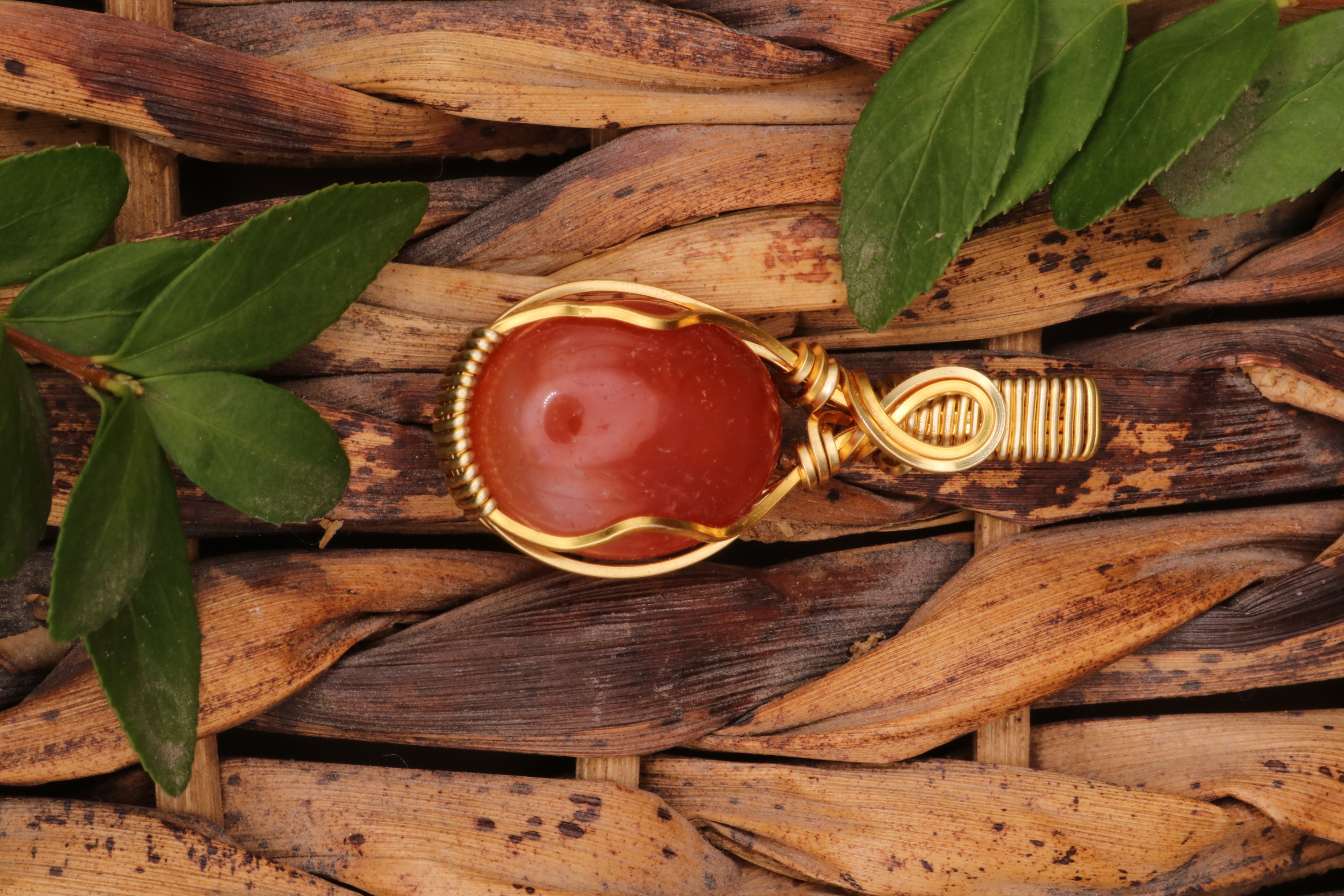 Gold Wire Wrapped Carnelian Crystal Necklace Pendant