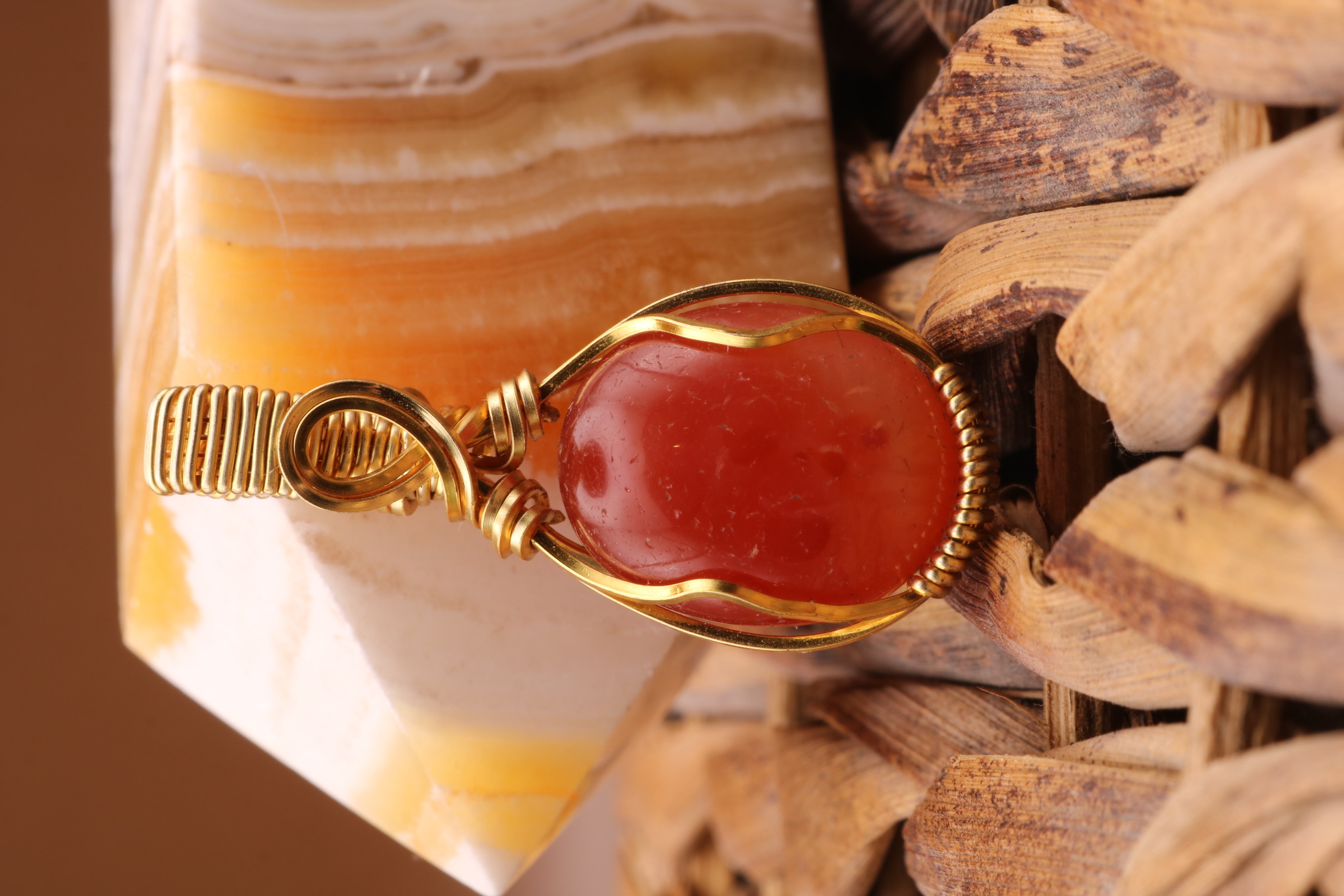Gold Wire Wrapped Carnelian Crystal Necklace Pendant
