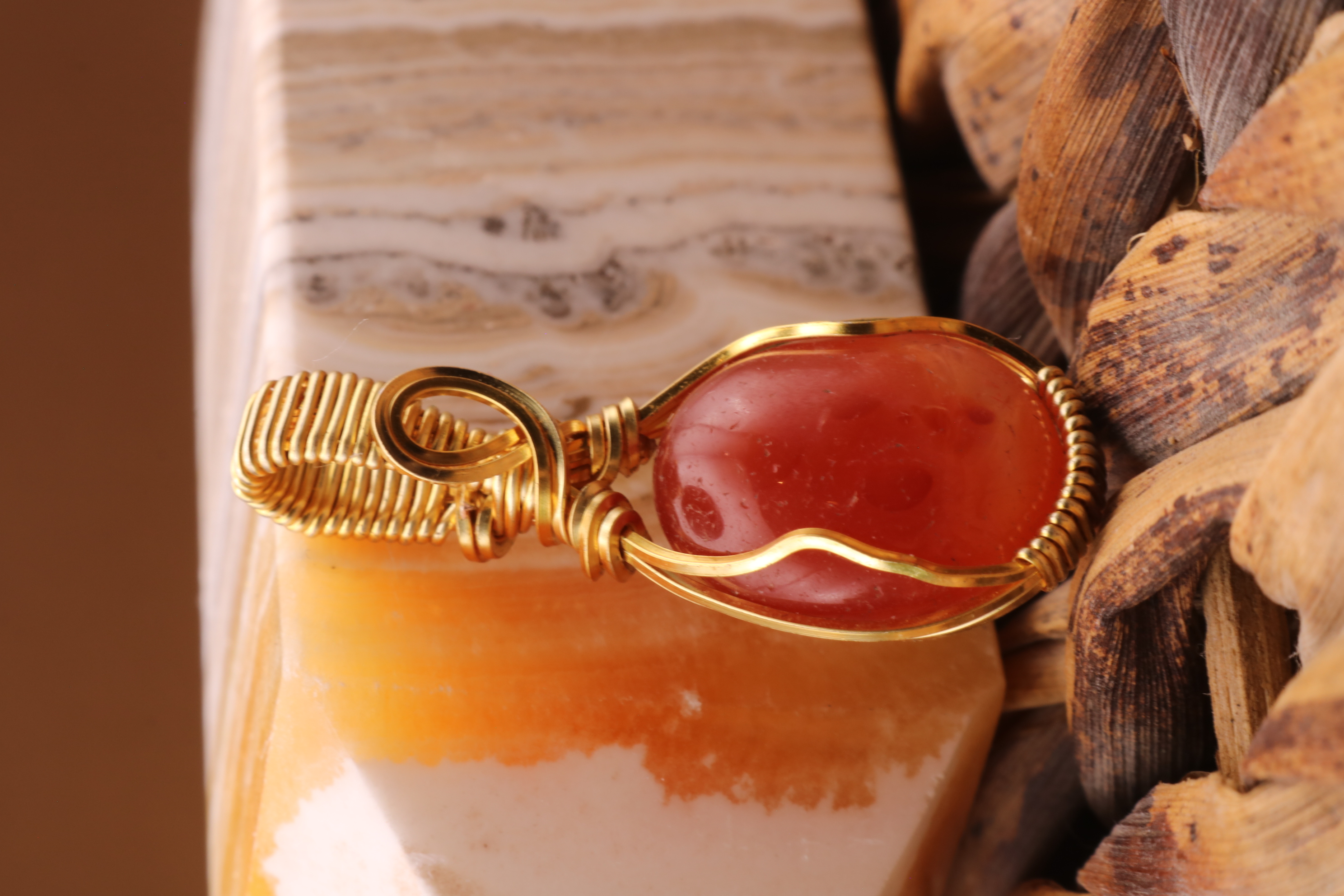 Gold Wire Wrapped Carnelian Crystal Necklace Pendant