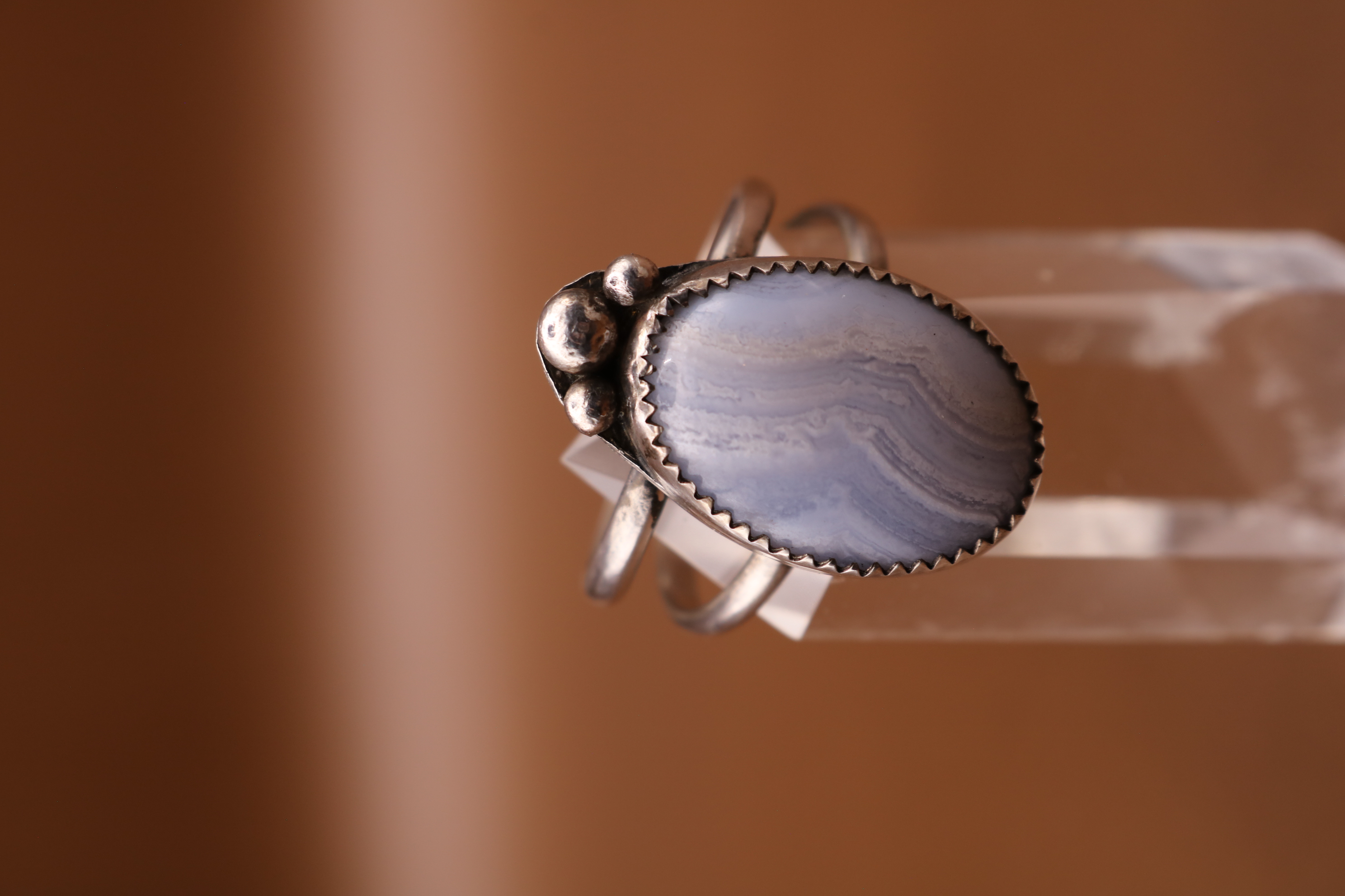 Silversmithed Blue Lace Agate Crystal Ring Size 8.5