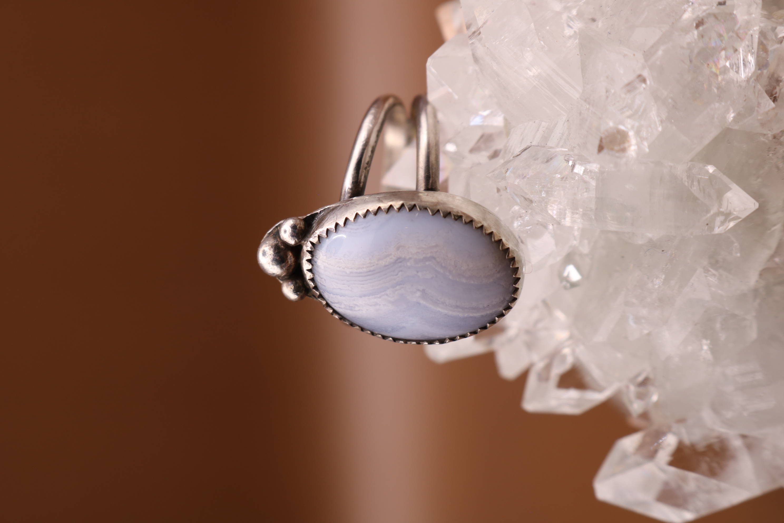 Silversmithed Blue Lace Agate Crystal Ring Size 8.5