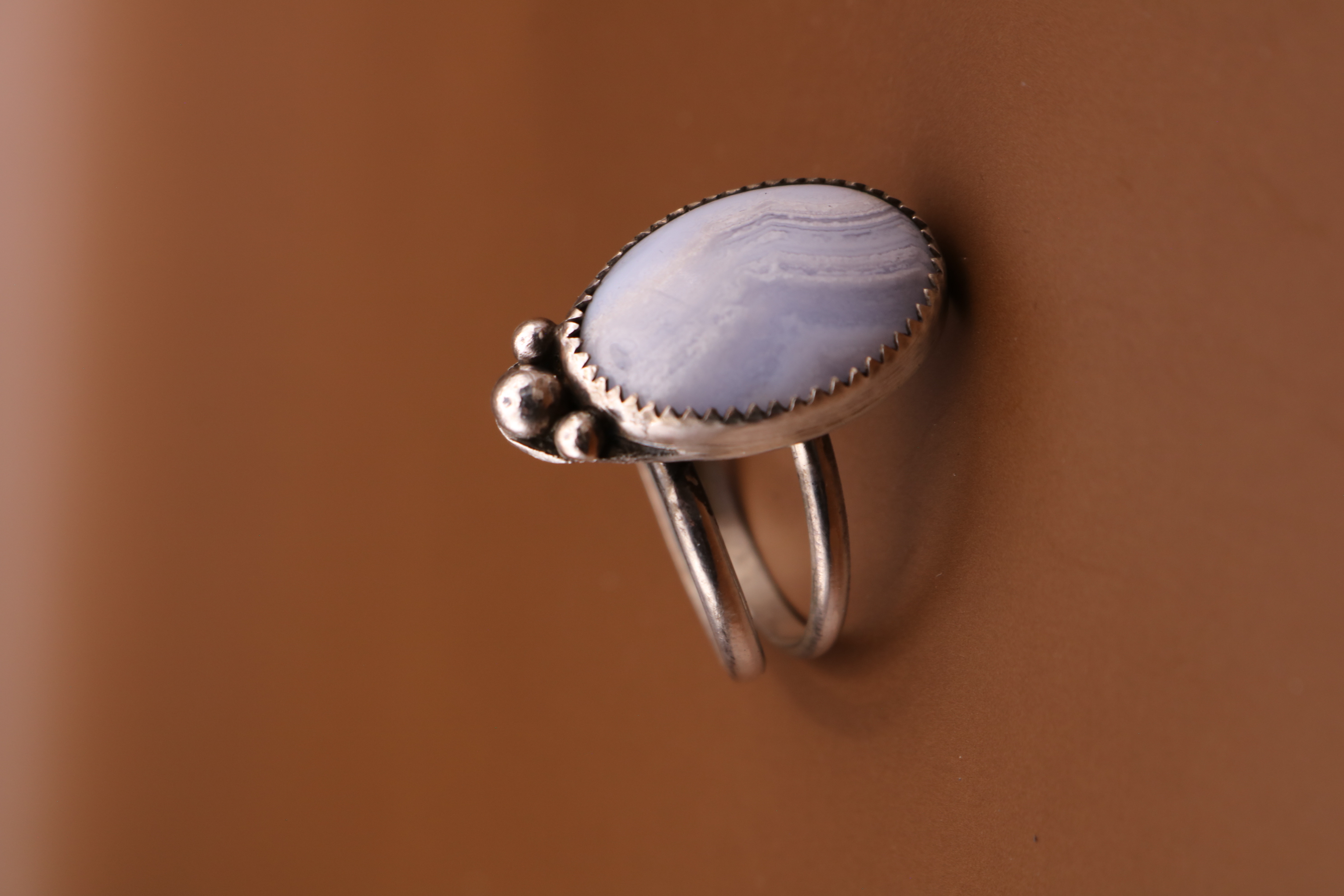 Silversmithed Blue Lace Agate Crystal Ring Size 8.5