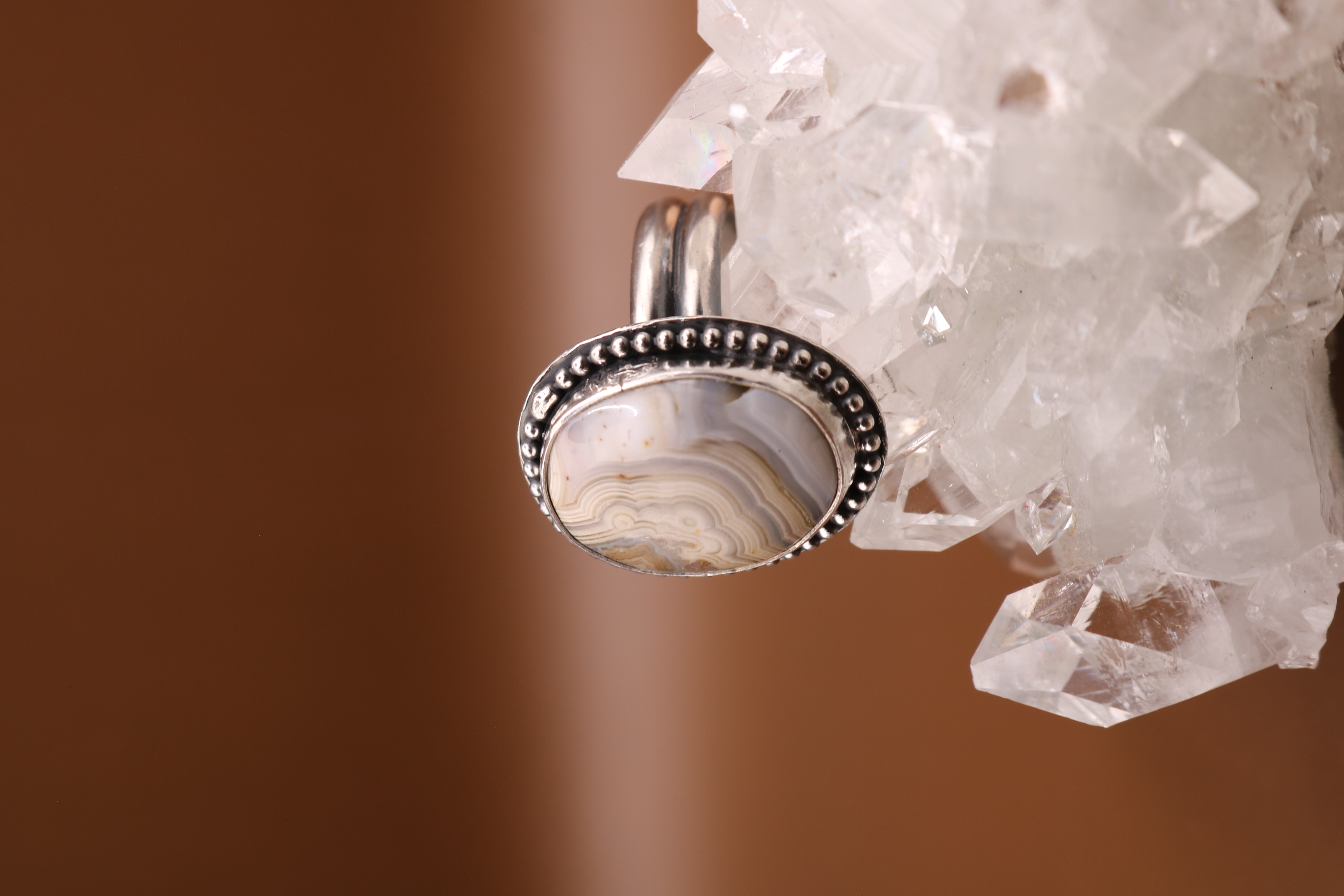Silversmithed Crazy Lace Agate Crystal Ring Size 9