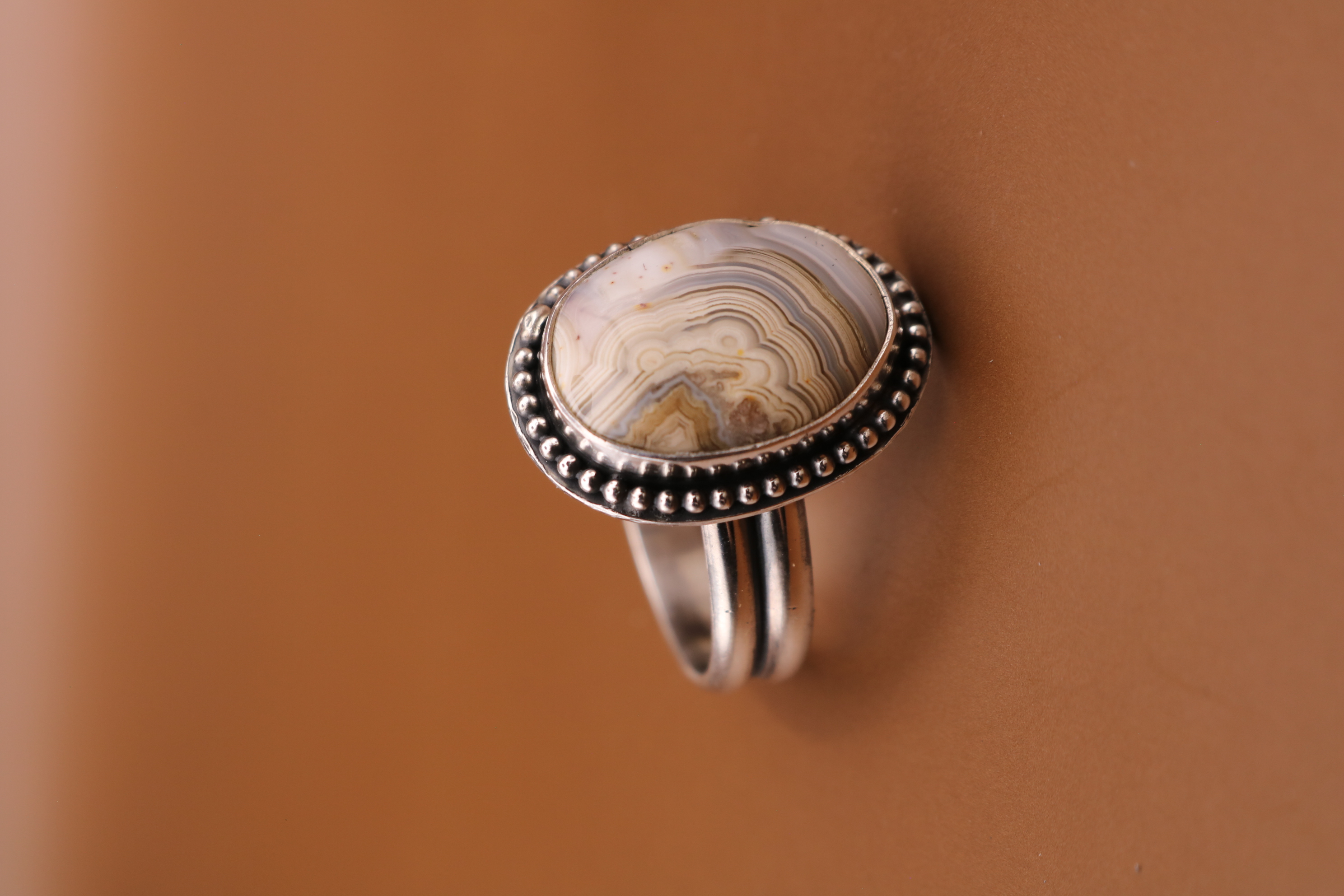 Silversmithed Crazy Lace Agate Crystal Ring Size 9