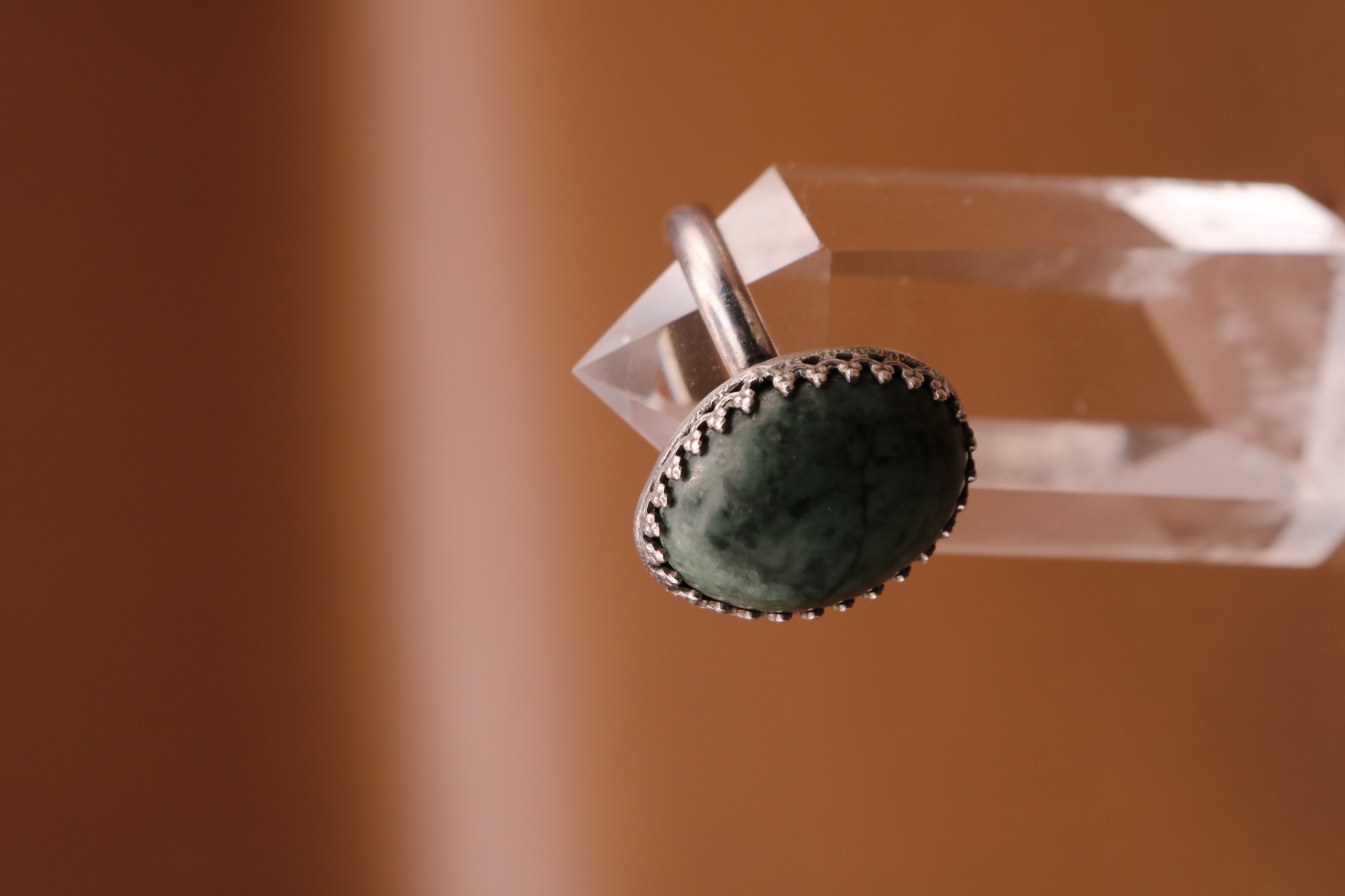 Silversmithed Serpentine Crystal Ring Size 9