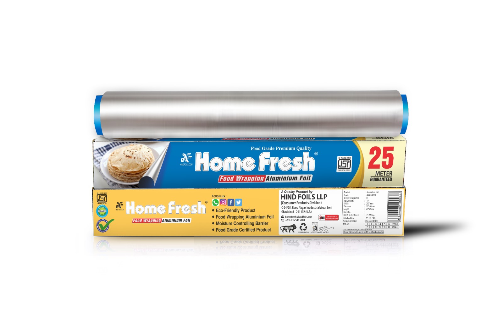 HomeFresh Silver Aluminium Foil for Food Packing 25m with 11 Micron Thickness | Keeps Food Warm and Hygienic | Ideal for Storing, Packing, Wrapping, and Serving