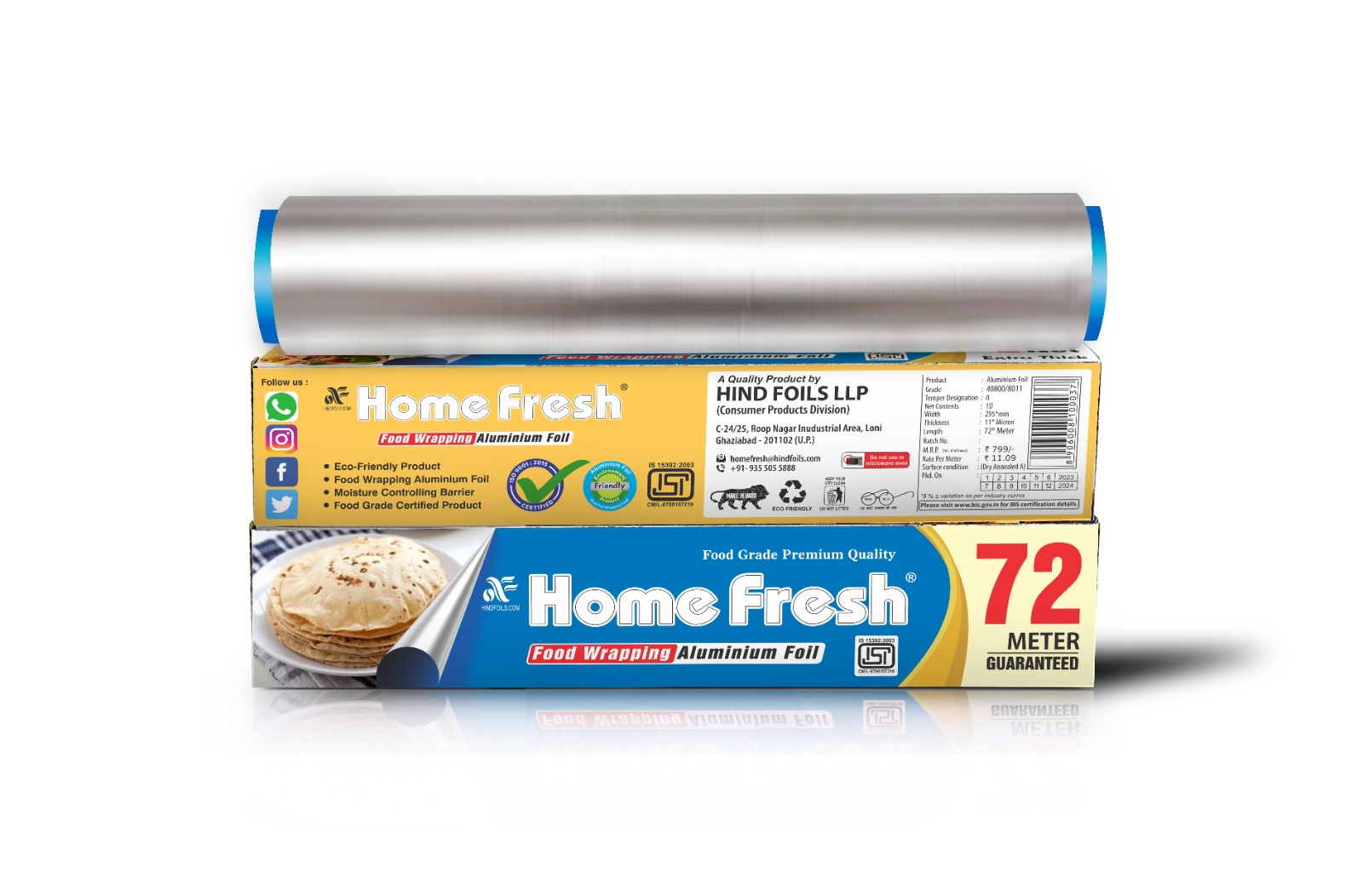 HomeFresh Silver Aluminium Foil for Food Packing 72m with 11 Micron Thickness | Keeps Food Warm and Hygienic | Ideal for Storing, Packing, Wrapping, and Serving