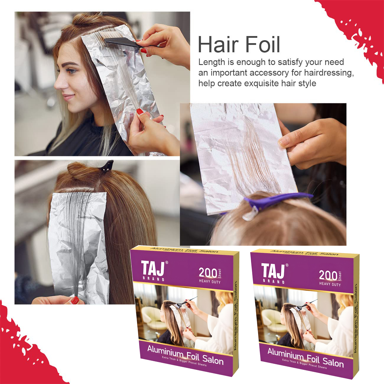 Taj Brand Hair Highlighting Foils | Pre – Cut Aluminium Sheets for Bleaching, Highlighting, Colour, lightening | Ready to Use Silver Sheets | 200 Sheets