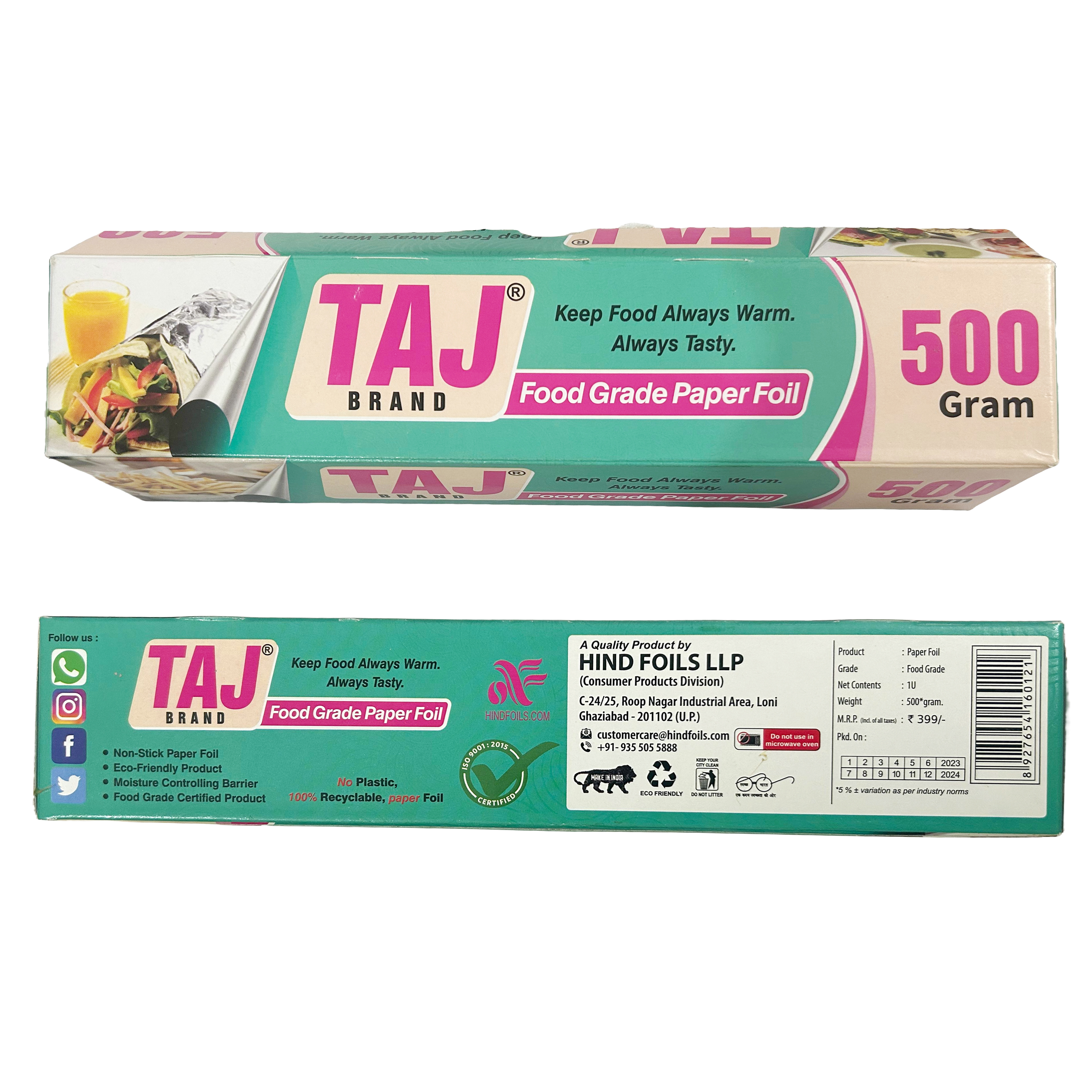 Taj Brand Eco-Friendly Food Wrapping Paper + Aluminium Foil Roll 500 Gram (Paper on Inner Side & Aluminium on The Outer Side) | No Added Wax | Healthy Way | Microwave & Oven Safe