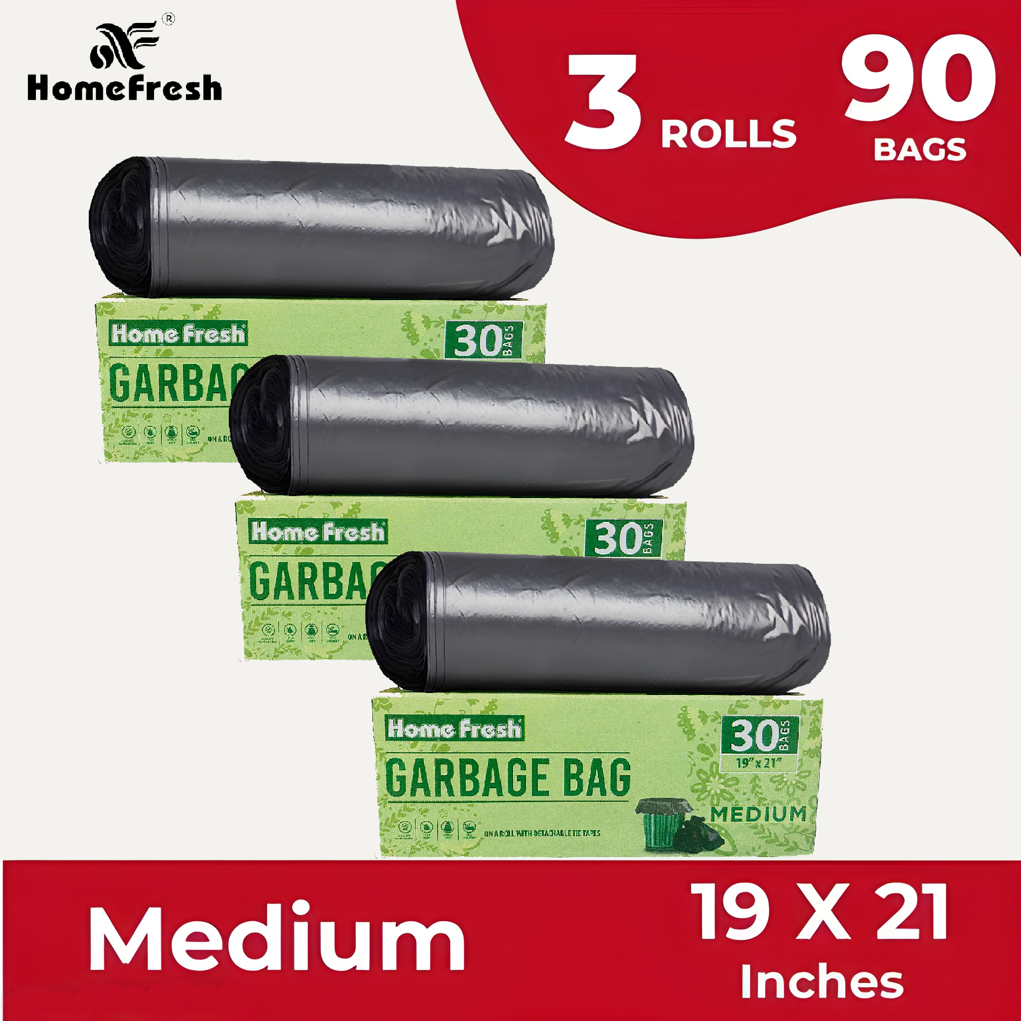 HomeFresh Garbage Bags, Medium 19 x 21 Inches, 90 Bags in 3 Rolls, Black