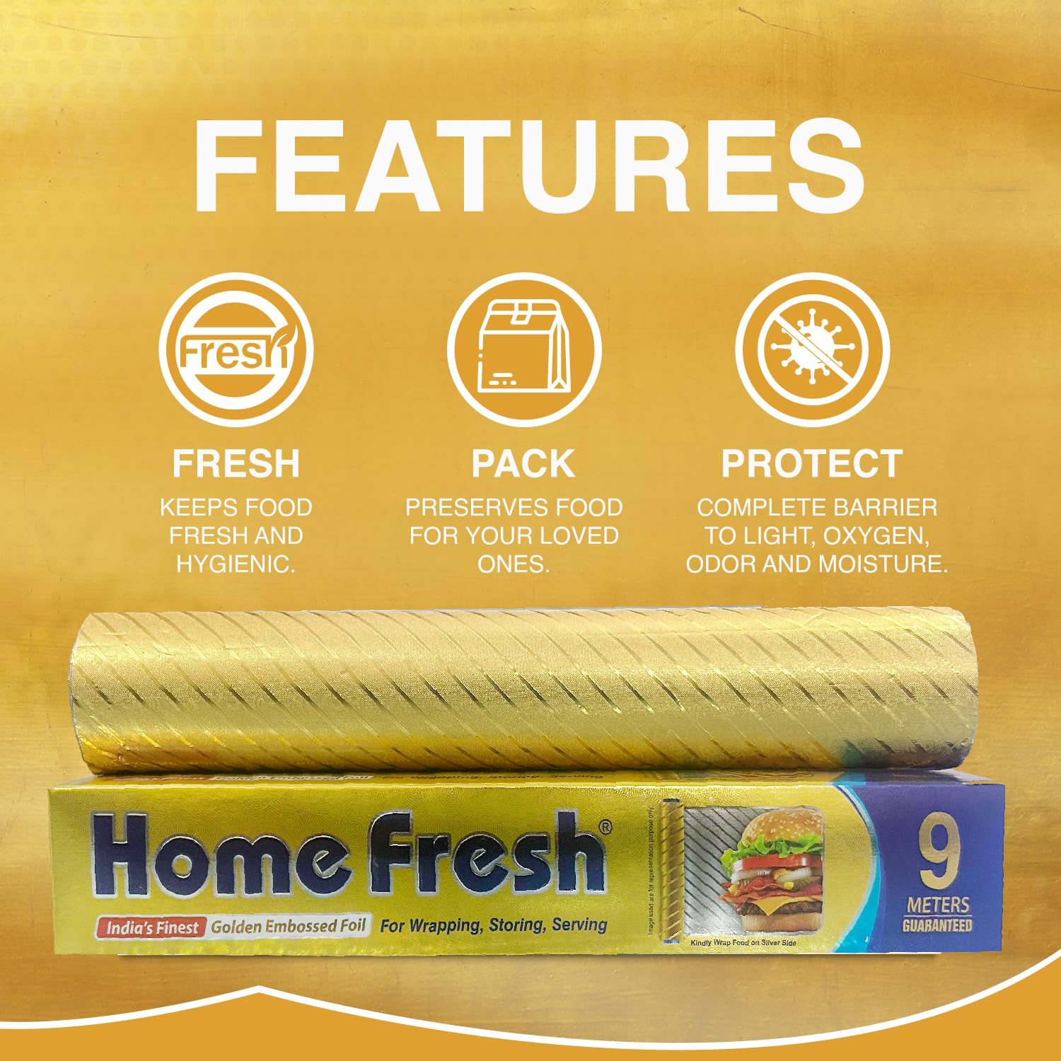 Homefresh Premium Golden Embossed Aluminum Foil Roll – 9 Meter | Heavy-Duty, Food-Grade, Decorative & Heat-Resistant Foil | Ideal for Cooking, Grilling, Wrapping & Crafting