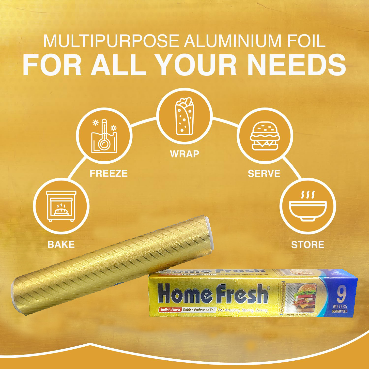 Homefresh Premium Golden Embossed Aluminum Foil Roll – 9 Meter | Heavy-Duty, Food-Grade, Decorative & Heat-Resistant Foil | Ideal for Cooking, Grilling, Wrapping & Crafting