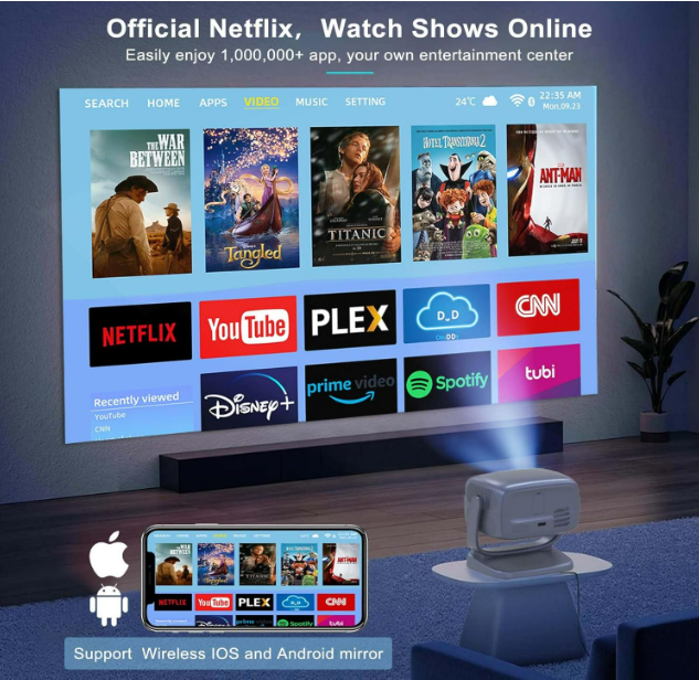 Projecteur avec WiFi et Bluetooth Portable Extérieur : [Auto Focus/Keystone/Support 360°] Smart TV Projecteur de Film 4K avec Applications Netflix Licence 850 ASIN Dolby Audio 400" Zoom Android Maison Camping Plafond