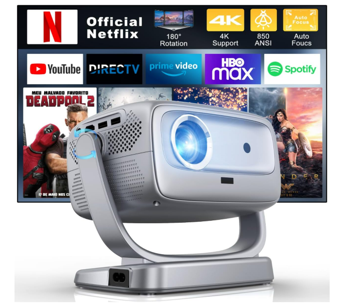 Projecteur avec WiFi et Bluetooth Portable Extérieur : [Auto Focus/Keystone/Support 360°] Smart TV Projecteur de Film 4K avec Applications Netflix Licence 850 ASIN Dolby Audio 400" Zoom Android Maison Camping Plafond