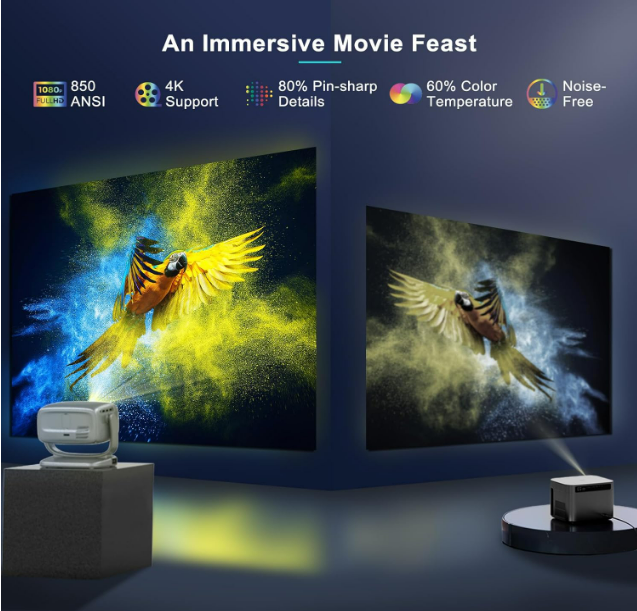 Projecteur avec WiFi et Bluetooth Portable Extérieur : [Auto Focus/Keystone/Support 360°] Smart TV Projecteur de Film 4K avec Applications Netflix Licence 850 ASIN Dolby Audio 400" Zoom Android Maison Camping Plafond