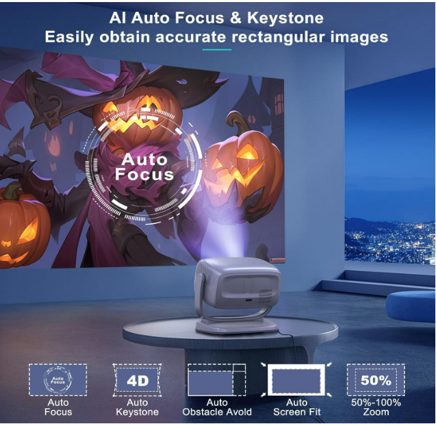 Projecteur avec WiFi et Bluetooth Portable Extérieur : [Auto Focus/Keystone/Support 360°] Smart TV Projecteur de Film 4K avec Applications Netflix Licence 850 ASIN Dolby Audio 400" Zoom Android Maison Camping Plafond