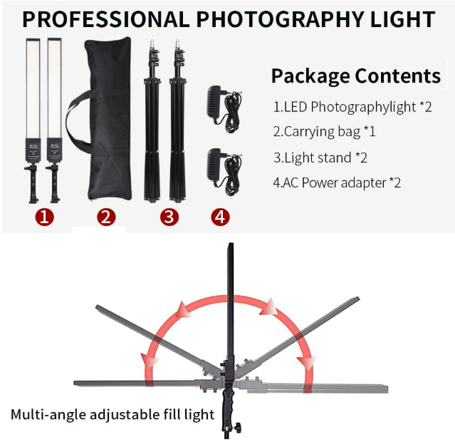 Lot de 2 éclairages LED pour photographie, intensité variable 3200K-5500K, kit d'éclairage pour studio photo avec trépied et sac pour appareil photo, studio vidéo, YouTube, portrait, diffusion en direct