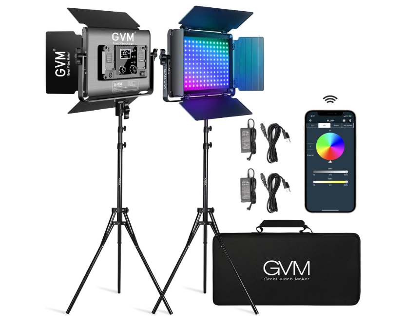 Lampe vidéo LED RVB GVM avec kits d'éclairage, panneau lumineux LED 680RS 50 W avec contrôle Bluetooth, 2 packs d'éclairage photographique pour studio YouTube, tournage vidéo, jeux, streaming, conférence