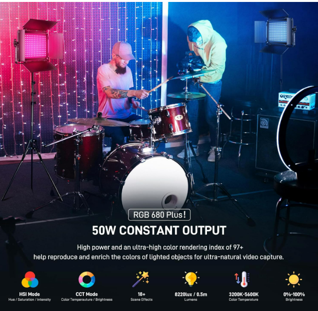 Lampe vidéo LED RVB GVM avec kits d'éclairage, panneau lumineux LED 680RS 50 W avec contrôle Bluetooth, 2 packs d'éclairage photographique pour studio YouTube, tournage vidéo, jeux, streaming, conférence
