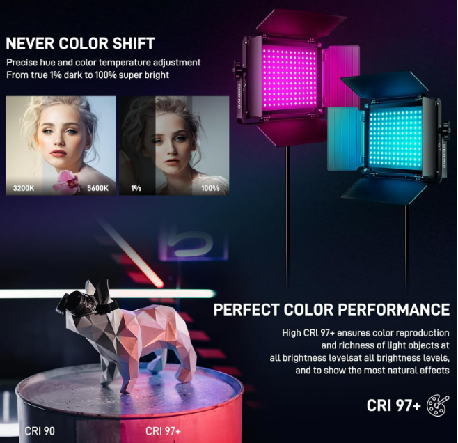 Lampe vidéo LED RVB GVM avec kits d'éclairage, panneau lumineux LED 680RS 50 W avec contrôle Bluetooth, 2 packs d'éclairage photographique pour studio YouTube, tournage vidéo, jeux, streaming, conférence