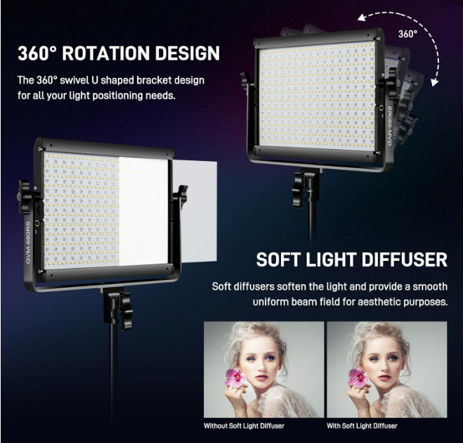 Lampe vidéo LED RVB GVM avec kits d'éclairage, panneau lumineux LED 680RS 50 W avec contrôle Bluetooth, 2 packs d'éclairage photographique pour studio YouTube, tournage vidéo, jeux, streaming, conférence